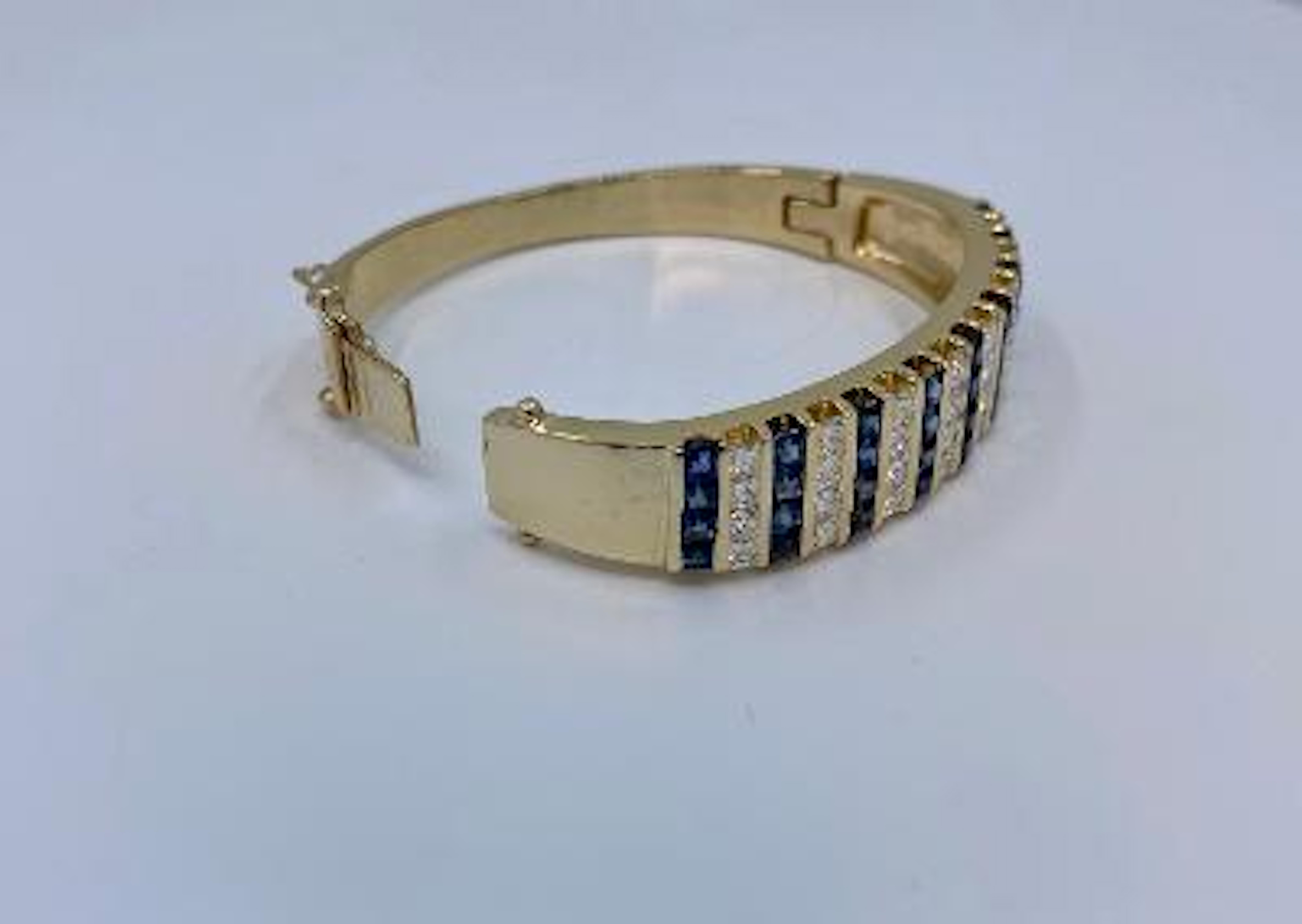 10.20 Carat Princess Cut Diamond and Sapphire Yellow Gold Bangle Bracelet 3
