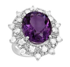 14 Karat massiver Weißgold Ring mit 10,20 Karat natürlichem Amethyst und Diamant
