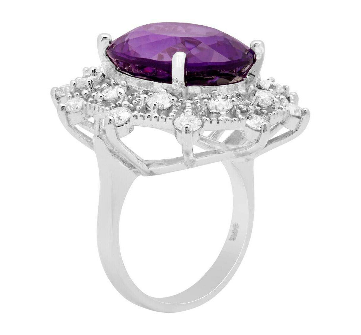 14 Karat massiver Weißgold Ring mit 10,20 Karat natürlichem Amethyst und Diamant (Gemischter Schliff) im Angebot