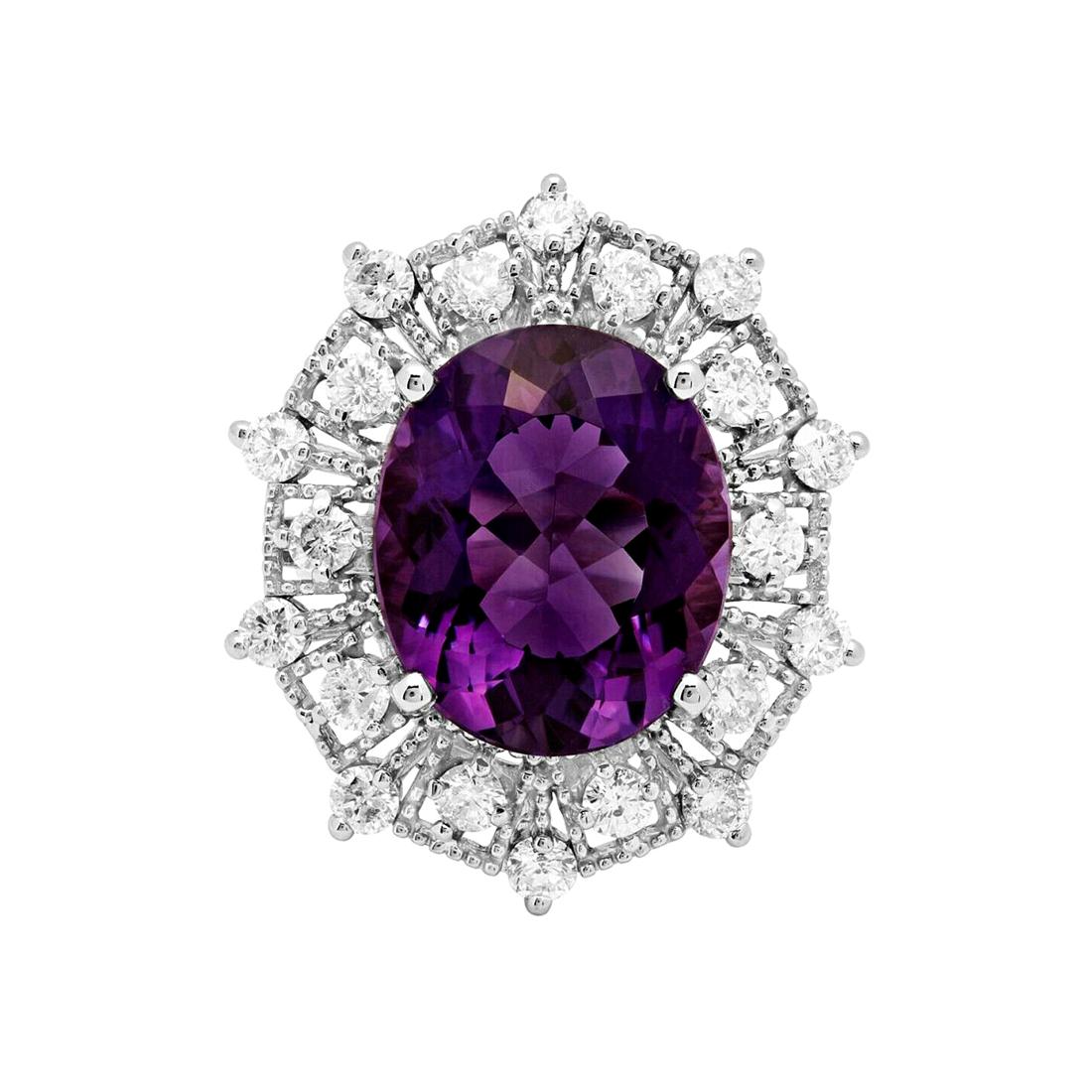 14 Karat massiver Weißgold Ring mit 10,20 Karat natürlichem Amethyst und Diamant