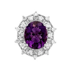 10.20 Carats Natural Amethyst and Diamond 14k Solid White Gold Ring