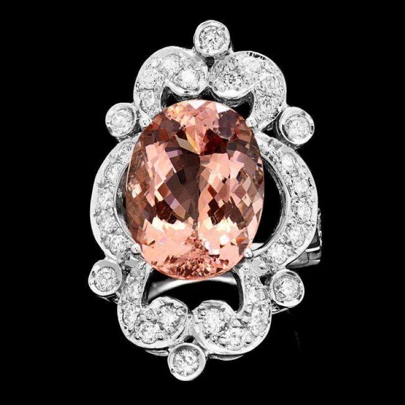 Mixed Cut 10.20 Carats Natural Morganite and Diamond 14K Solid White Gold Ring For Sale