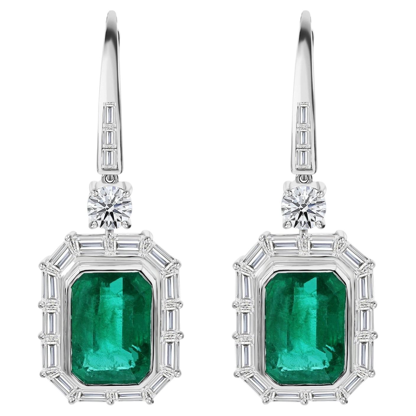 10.20 Ct Natural Emerald & Baguette Diamond Halo Drop Earrings 18K White Gold
