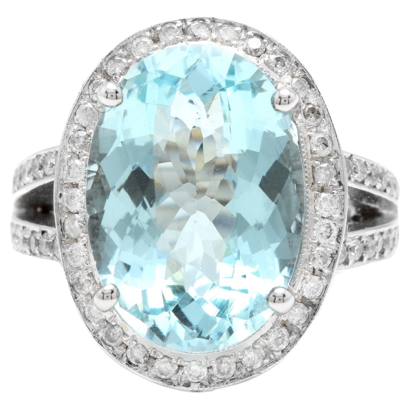 Bague en or blanc 14 carats avec aigue-marine naturelle impressionnante 10,20 carats et diamants