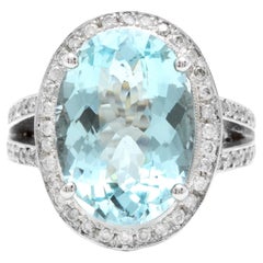 10.20 Ct Natural Impressive Natural Aquamarine and Diamond 14K White Gold Ring