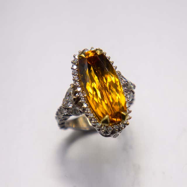 Topaz Color Ring Rectangular Imperial Orange Colour Topaz in Diamond Border set in 18K ...