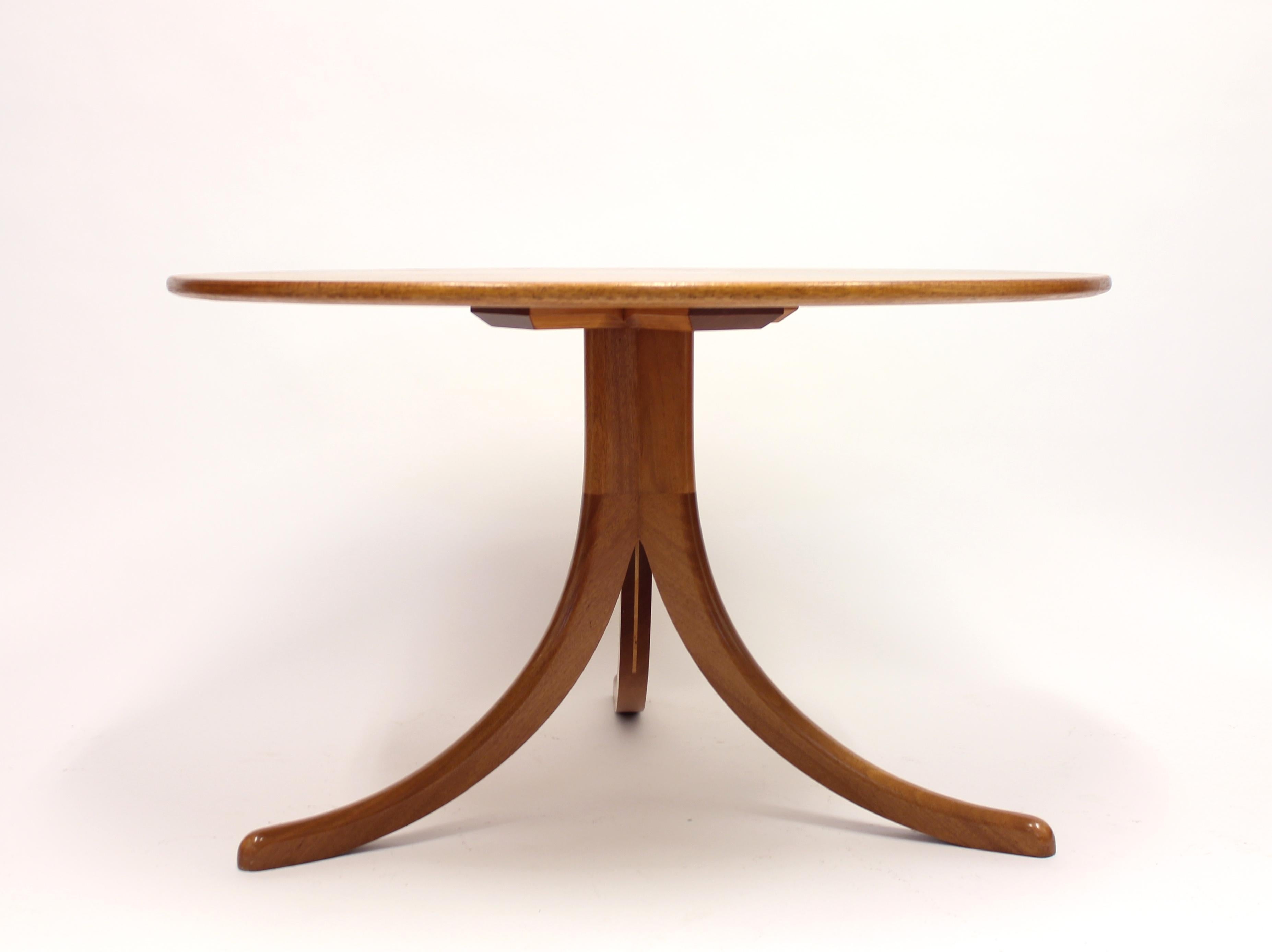 Round pyramid mahogany coffee table, model 1020, designed by Josef Frank in the mid-20th century for Svenskt Tenn. This example were made in the 1980s. Wonderful natural wood grain on tabletop. Stamped with makers mark. Very good condition.