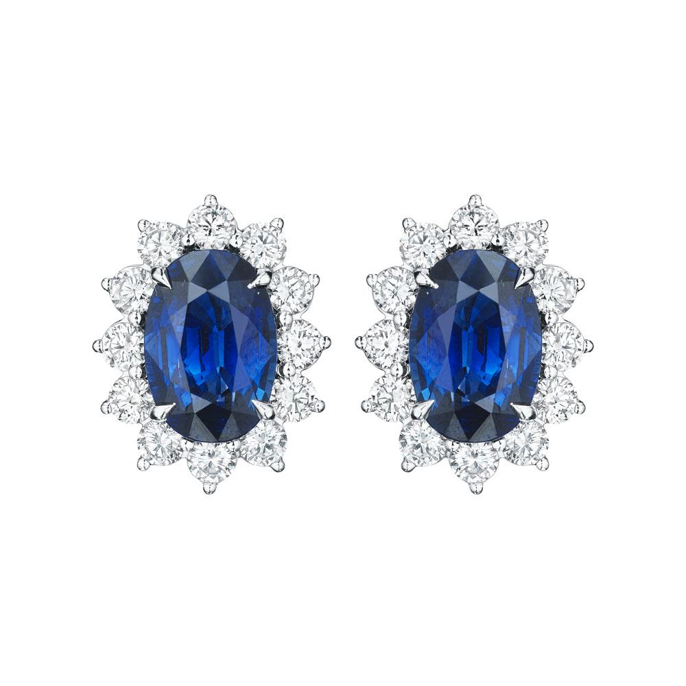Oval Cut 10.20ct Oval Sapphire & Round Diamond Earrings in Platinum For Sale