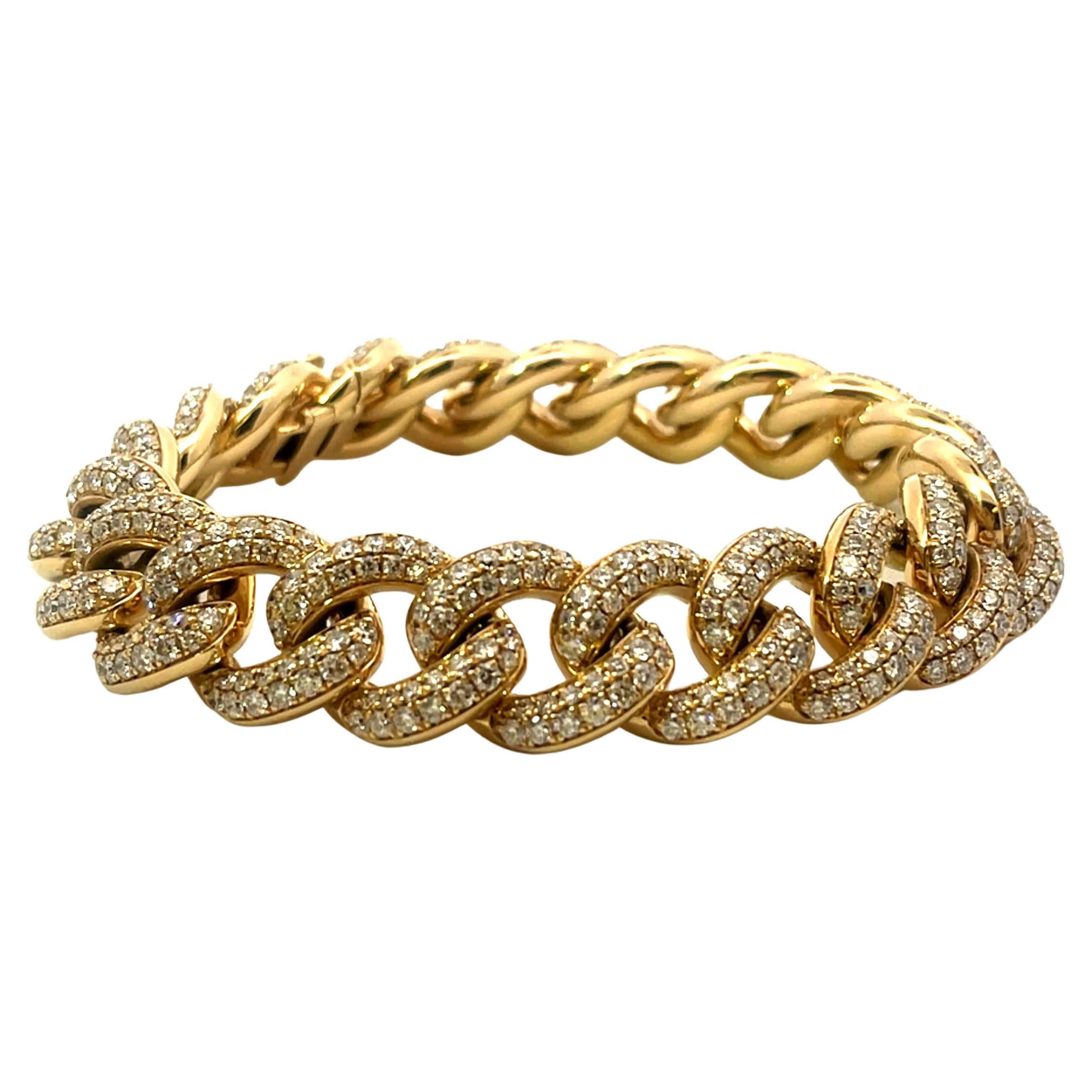 10.20 Carat Yellow Gold Cuban Link All Diamond Bracelet For Sale