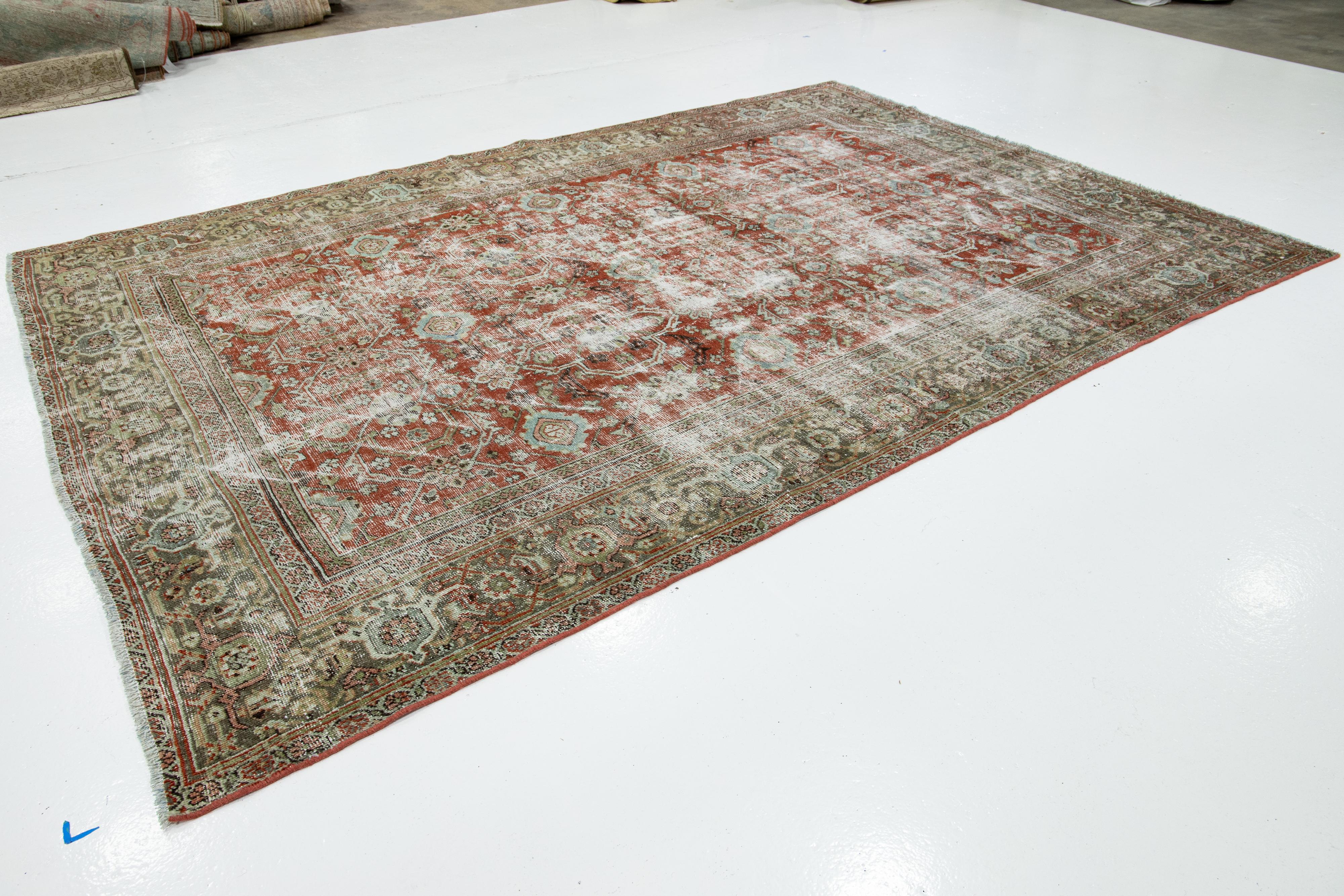 Hand-Knotted 1920s Rust Handmade Mahal Wool Rug Vintage Distressed Designed For Sale