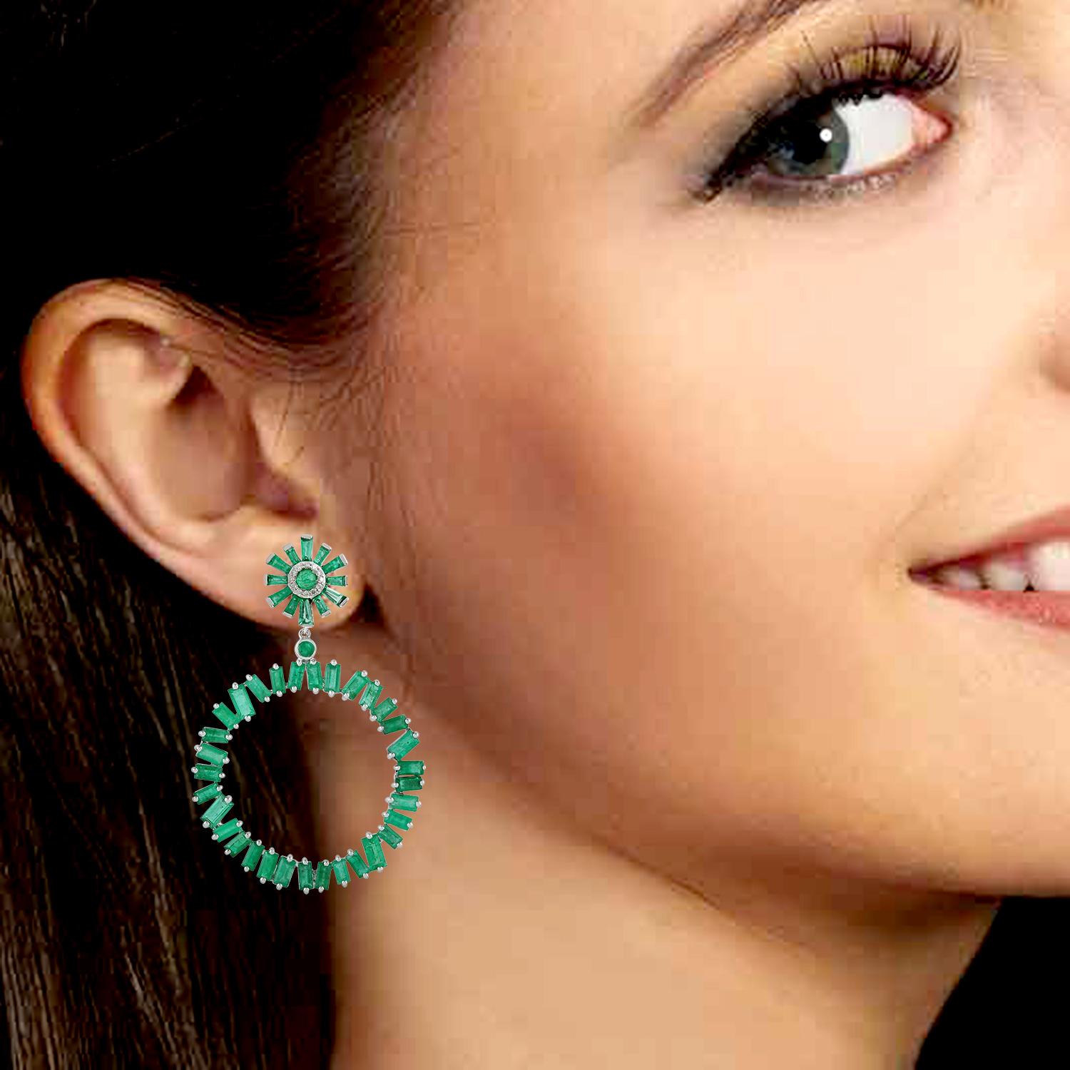 These beautiful earrings are handcrafted in 18-karat gold. It is set in 10.21 carats baguette emerald and .10 carats of  diamonds.

FOLLOW  MEGHNA JEWELS storefront to view the latest collection & exclusive pieces.  Meghna Jewels is proudly rated as