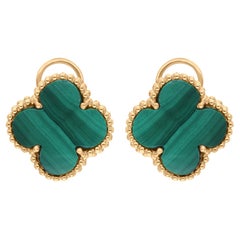 10.21 Carat Malachite Gemstone Clover Stud Earrings 14 karat Yellow Gold Jewelry
