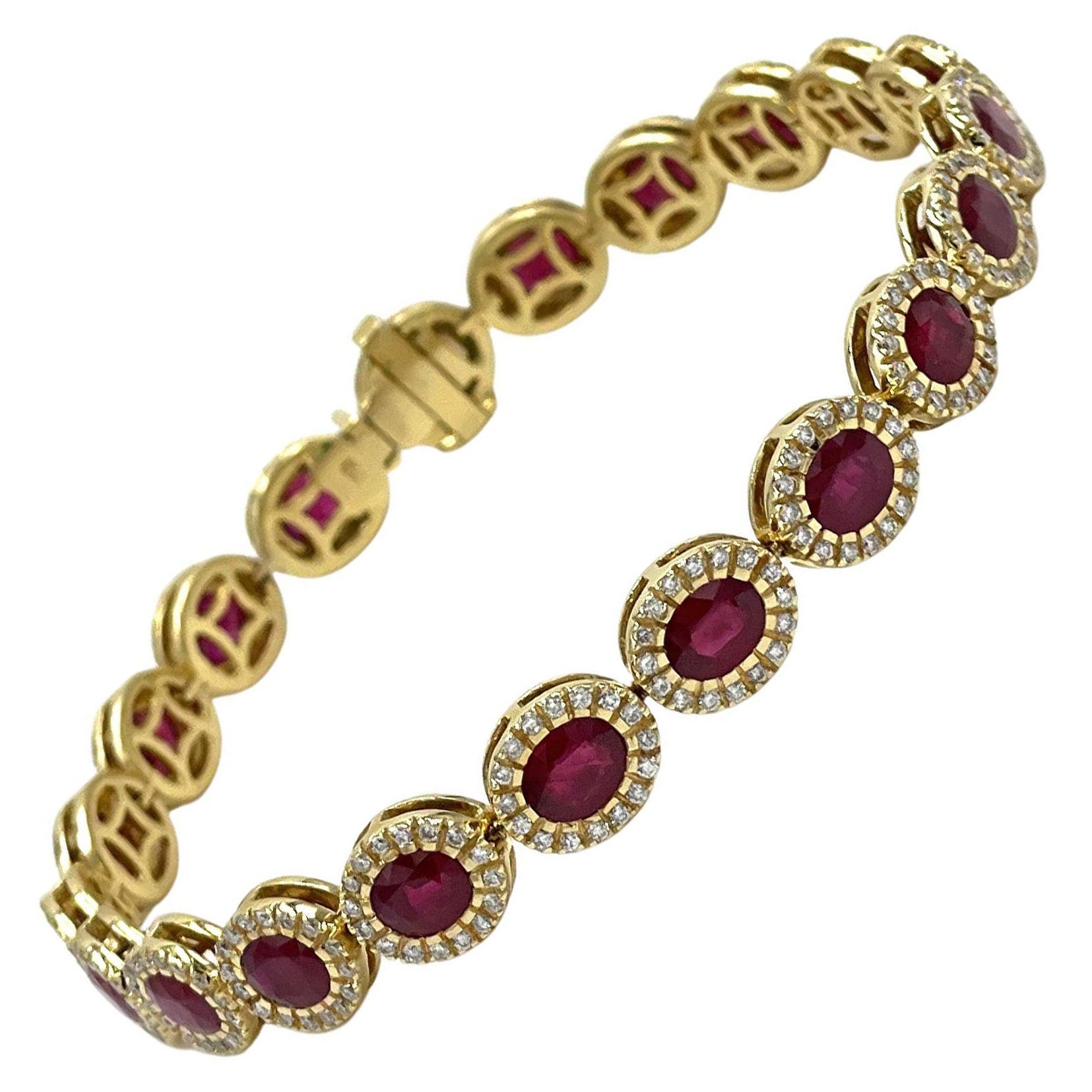 10,21 Karat Oval Rubin & Diamant Tennisarmband 18K Gelbgold mit Sicherheitsverschluss im Angebot