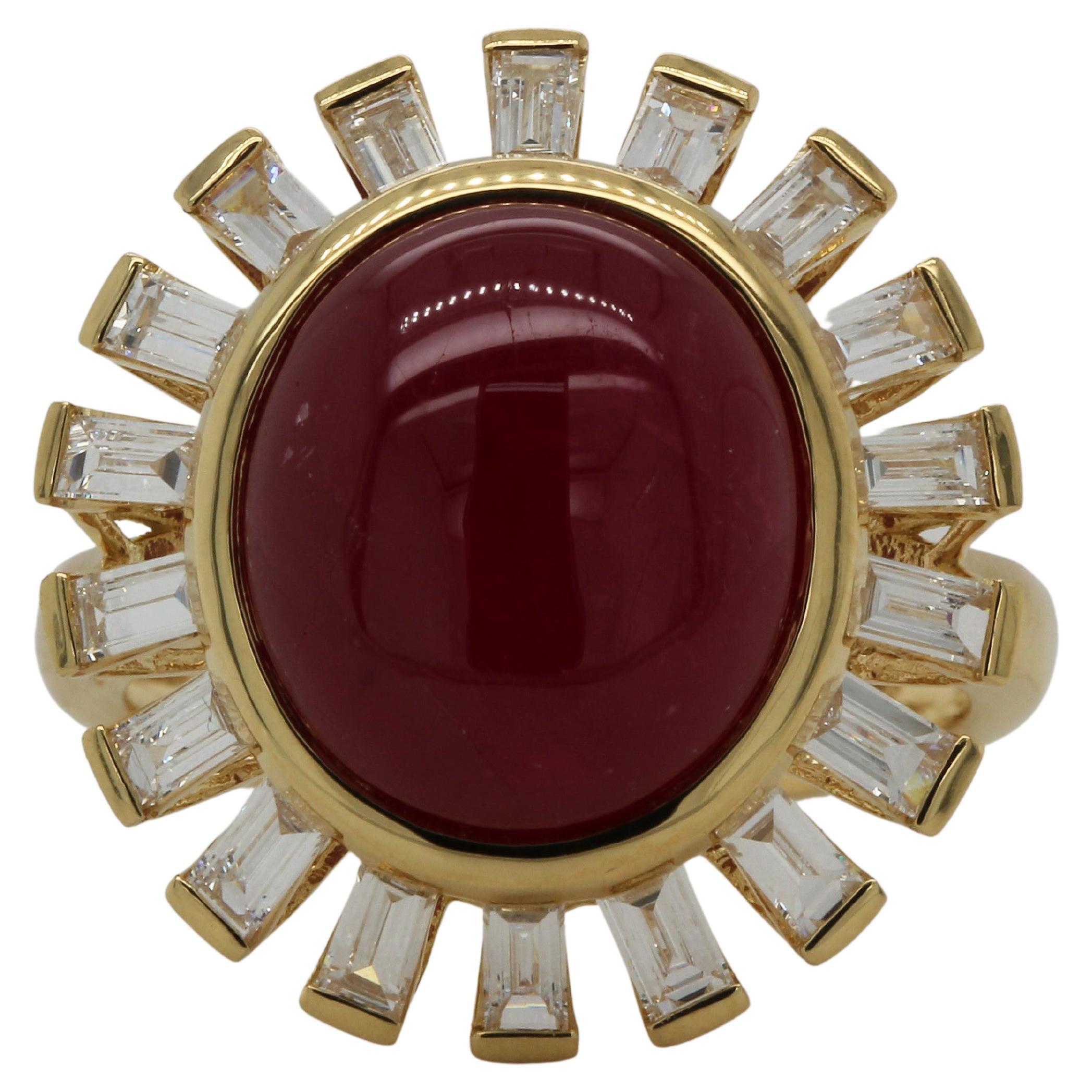 A remarkable showcase of preciousness and elegance, our stunning 10.21 carat ruby cabochon ring is set with 0.86 carats of white tapper diamonds. A perfect combination of elegance and strength, this jewelry is made to combine the beauty of one of