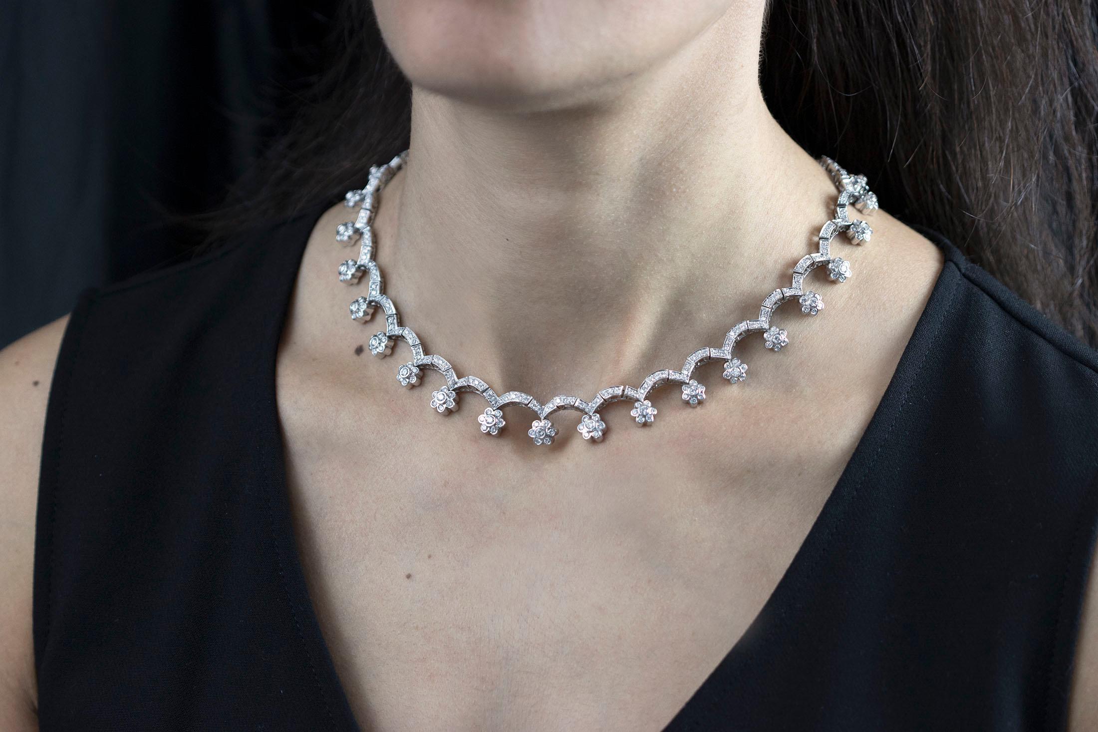 Contemporary 10.21 Carats Total Round Cut Diamond Flower Motif Fashion Necklace in White Gold