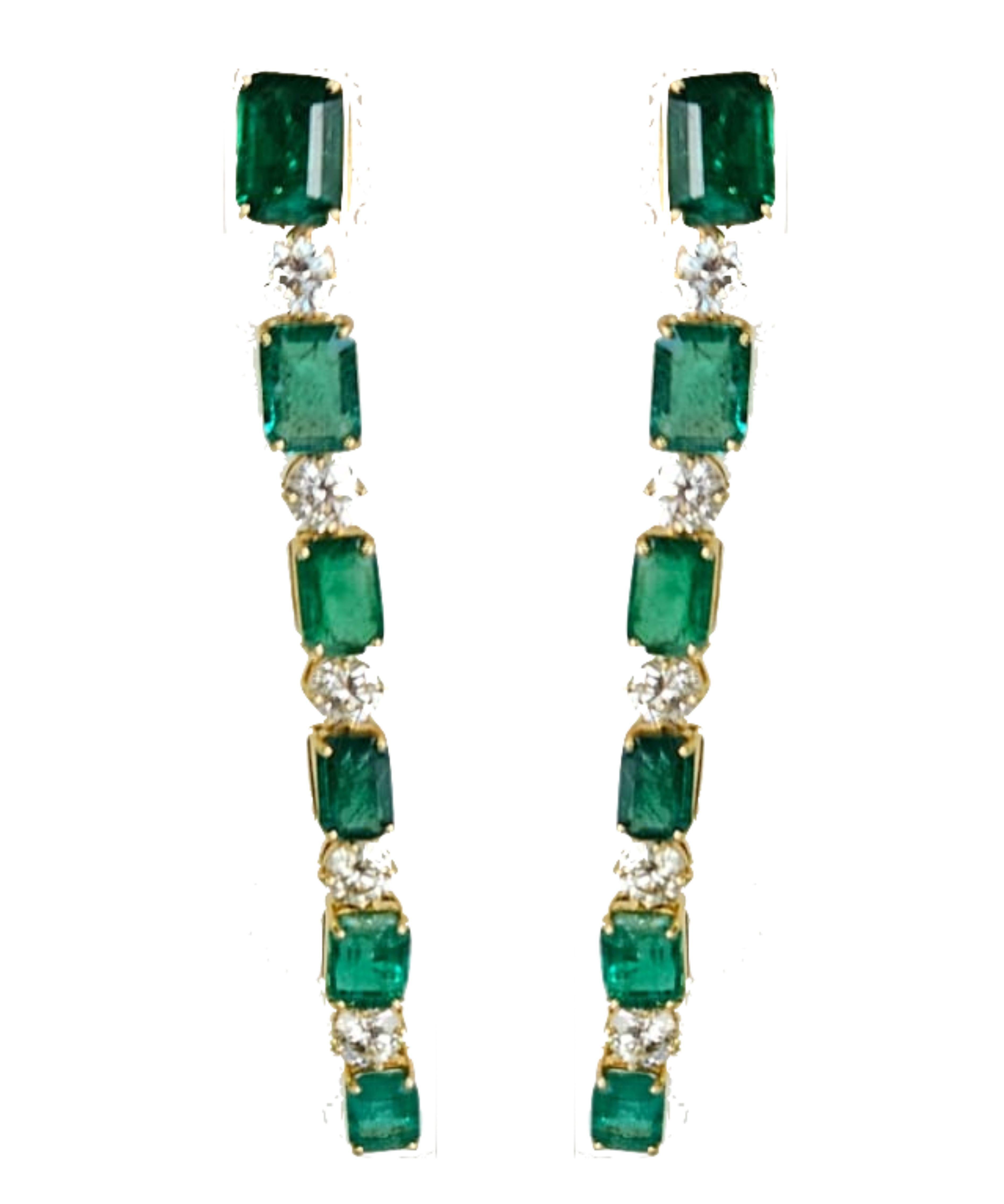 A very gorgeous and beautiful, modern style, Emerald Chandelier Earrings set in 18K Yellow Gold & Diamonds. The weight of the Emeralds is 10.22 carats. The Emeralds are completely natural, without any treatment and are of Zambian origin. The