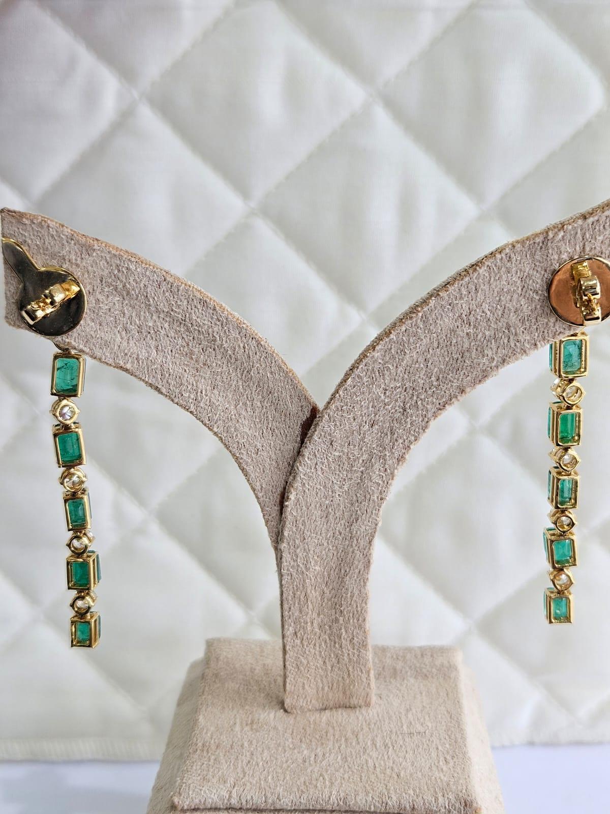 Emerald Cut 10.22 carats natural Zambian Emerald & Diamonds Chandelier Earrings in 18K Gold For Sale