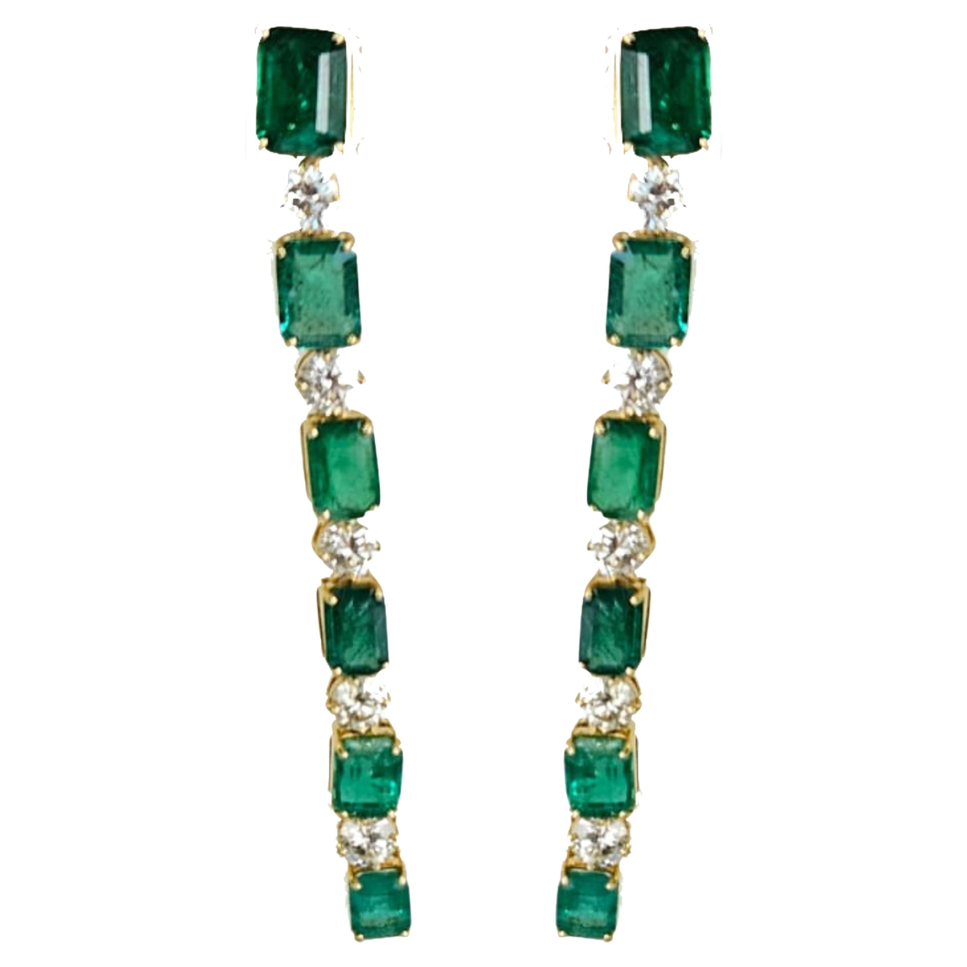 10.22 carats natural Zambian Emerald & Diamonds Chandelier Earrings in 18K Gold For Sale