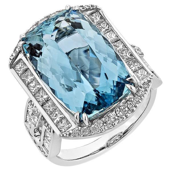 Bague Art déco aigue-marine de 10,23 carats en or 18 carats avec diamant blanc.  