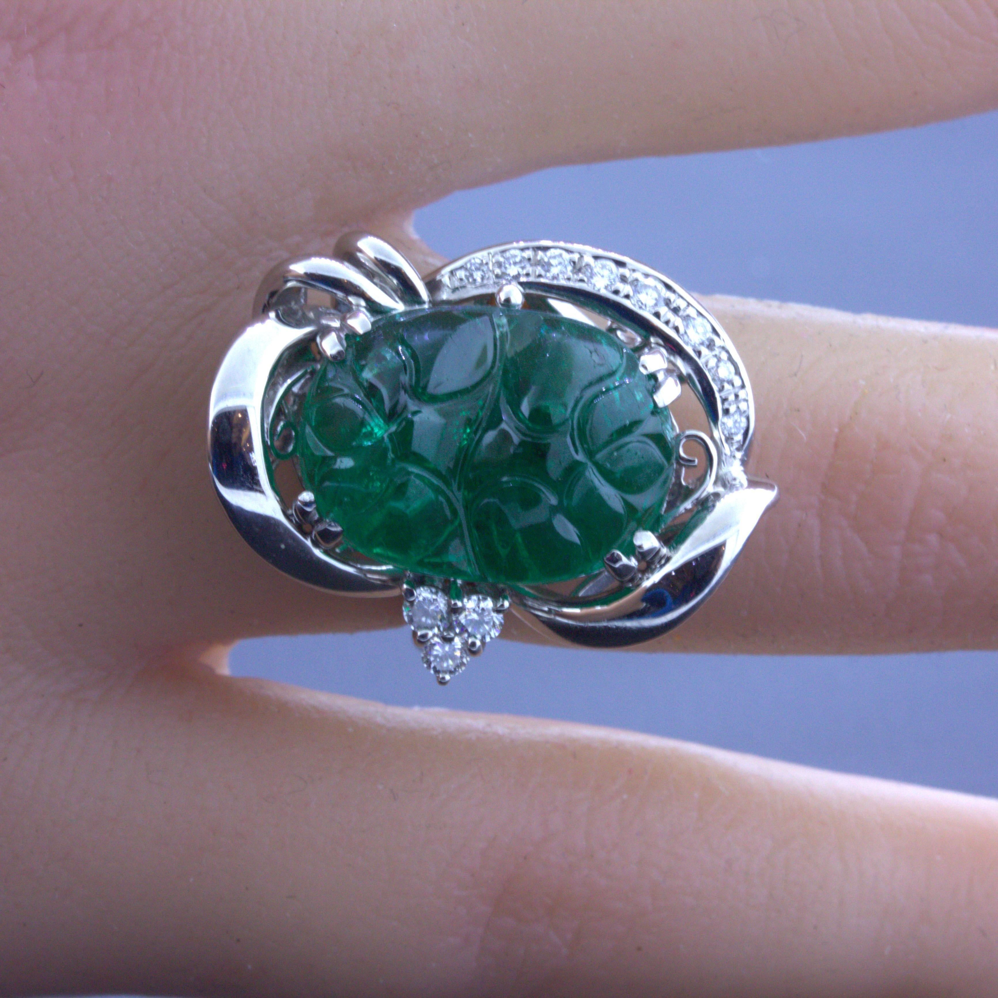 10.23 Carat Fine Carved Emerald Diamond Platinum Ring In New Condition For Sale In Beverly Hills, CA