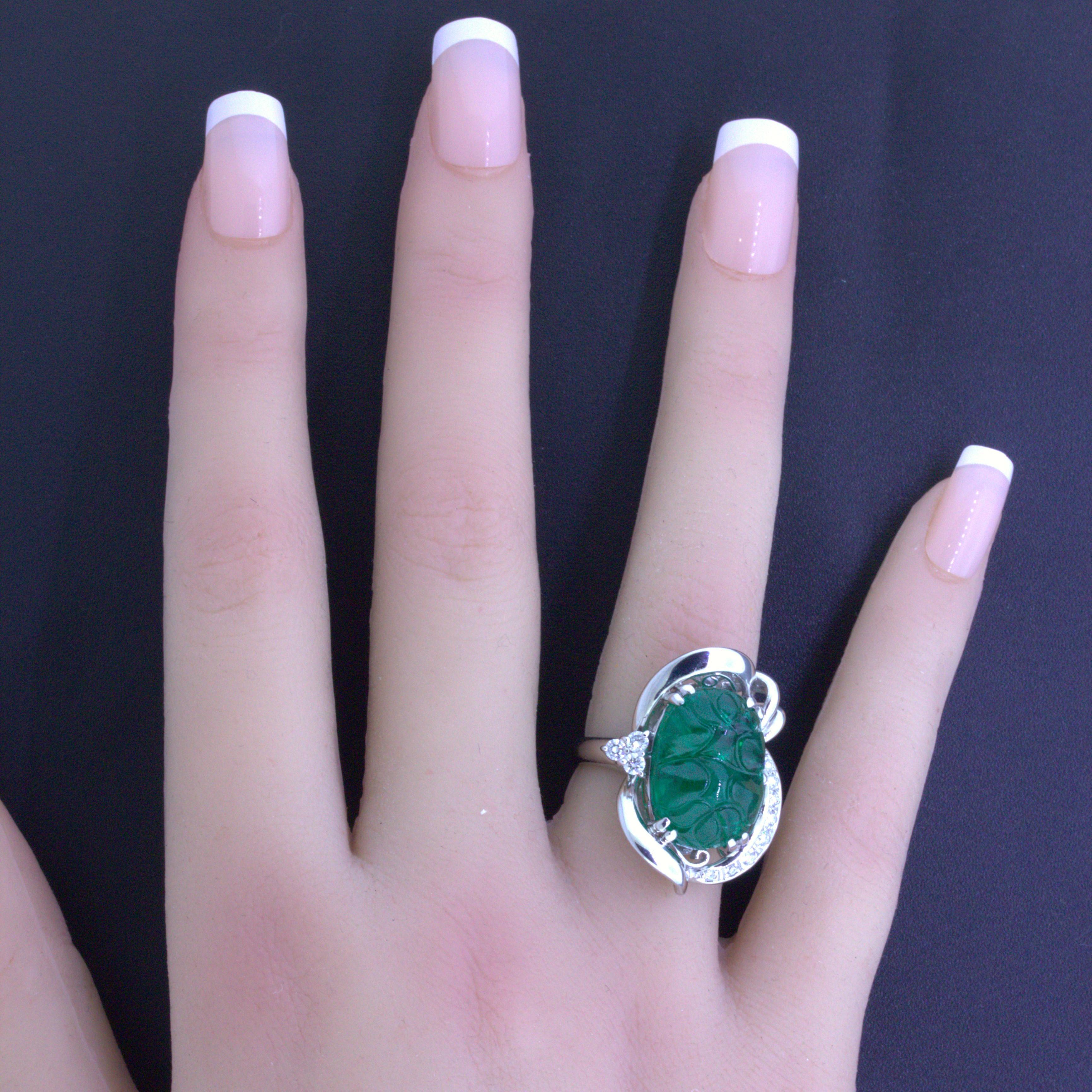 Women's 10.23 Carat Fine Carved Emerald Diamond Platinum Ring For Sale