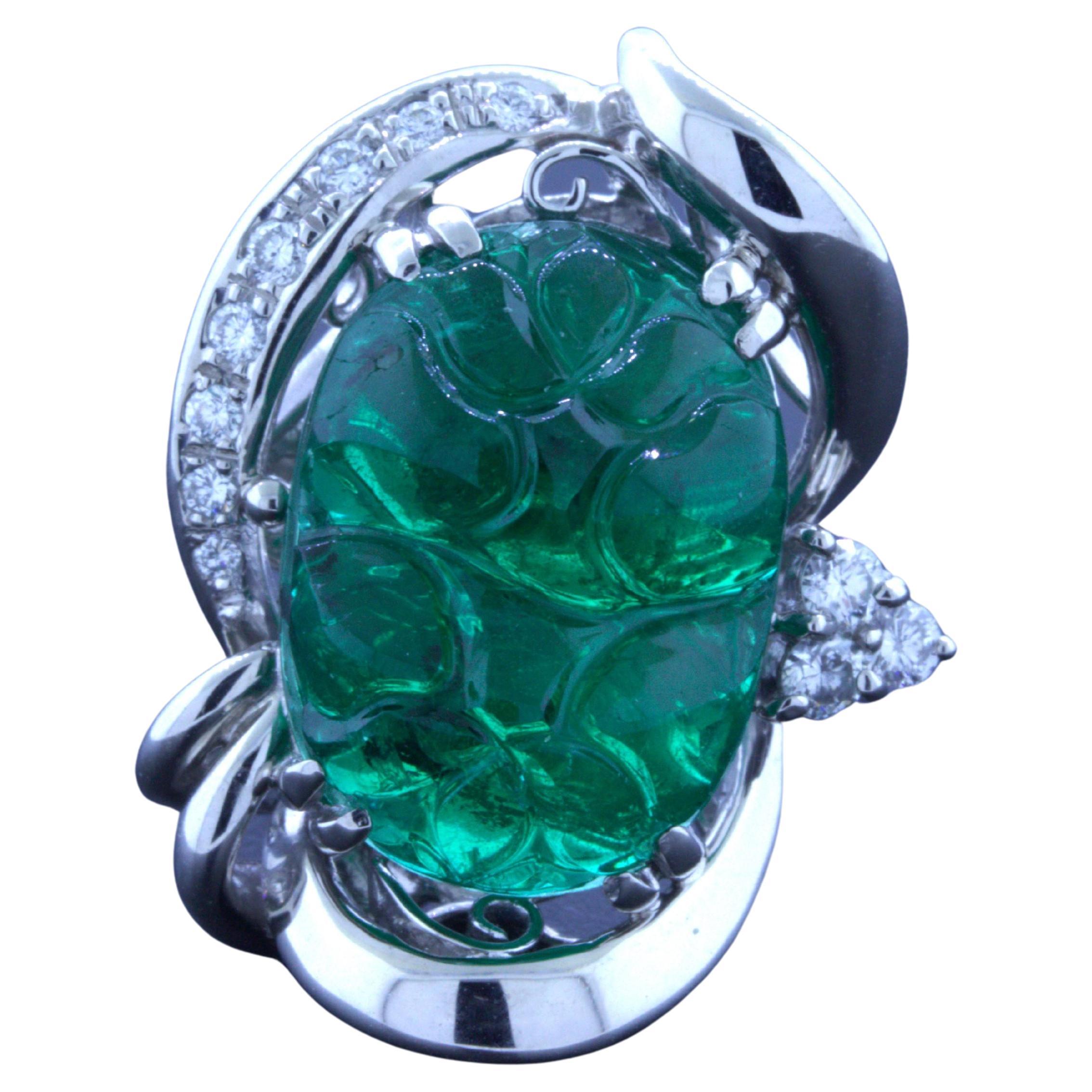10.23 Carat Fine Carved Emerald Diamond Platinum Ring For Sale
