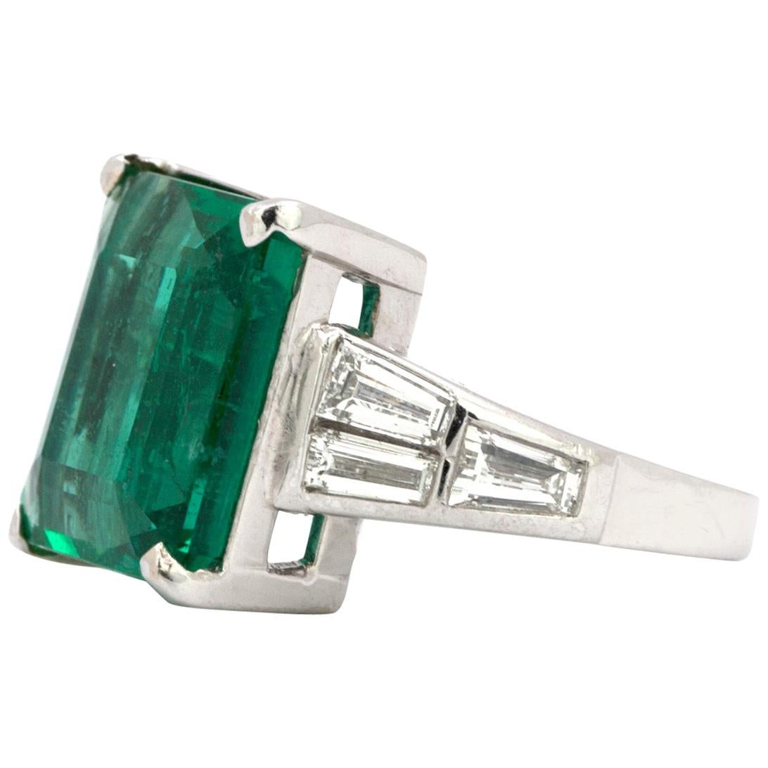 10.23 Carat Natural Emerald Set with Baguette Diamonds in a Platinum Ring