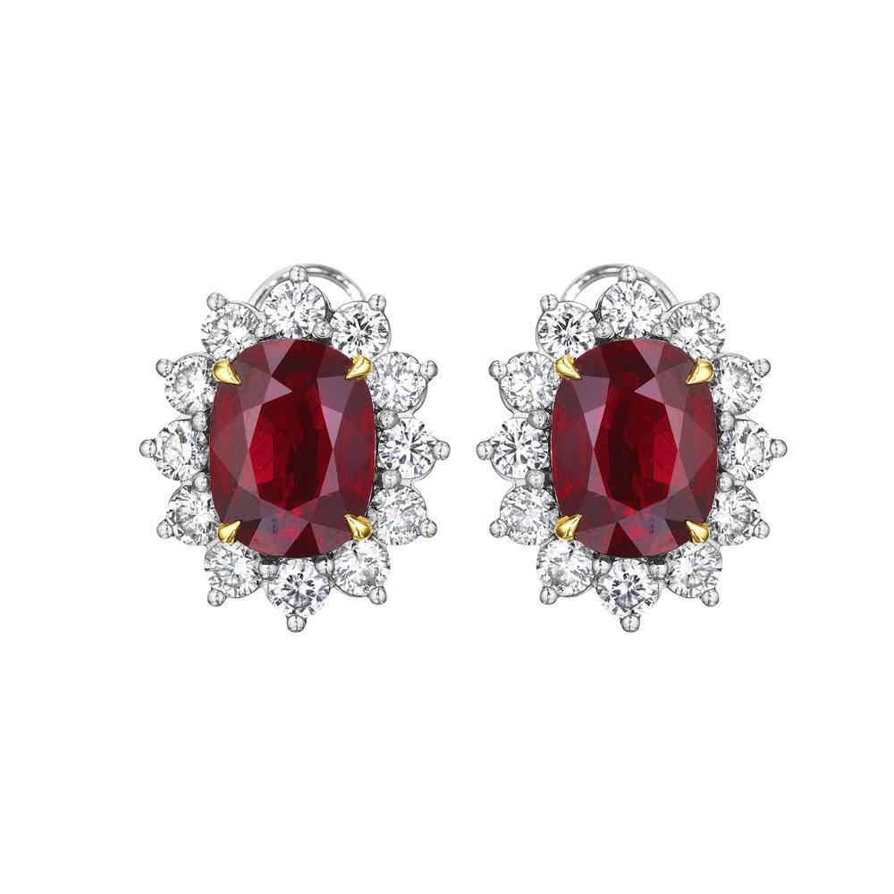 •	Platinum & 18KT Two Tone
•	10.23 Carats
•	Sold as a pair (2 earrings in total)

•	Number of Round Diamonds: 24
•	Carat Weight: 2.15ctw

•	Number of Cushion Rubies: 2
1)	4.03ct
Color: Vivid – Deep Red
Origin: Mozambique
Certificate: