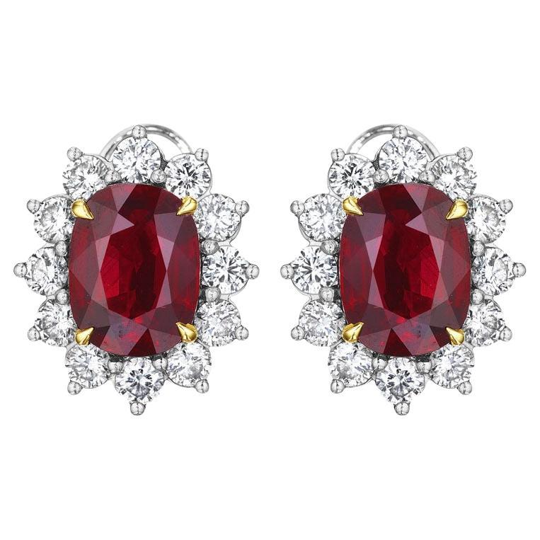 10.23ct Certified Natural Cushion Ruby & Diamond Halo Earrings in Platinum & 18K For Sale