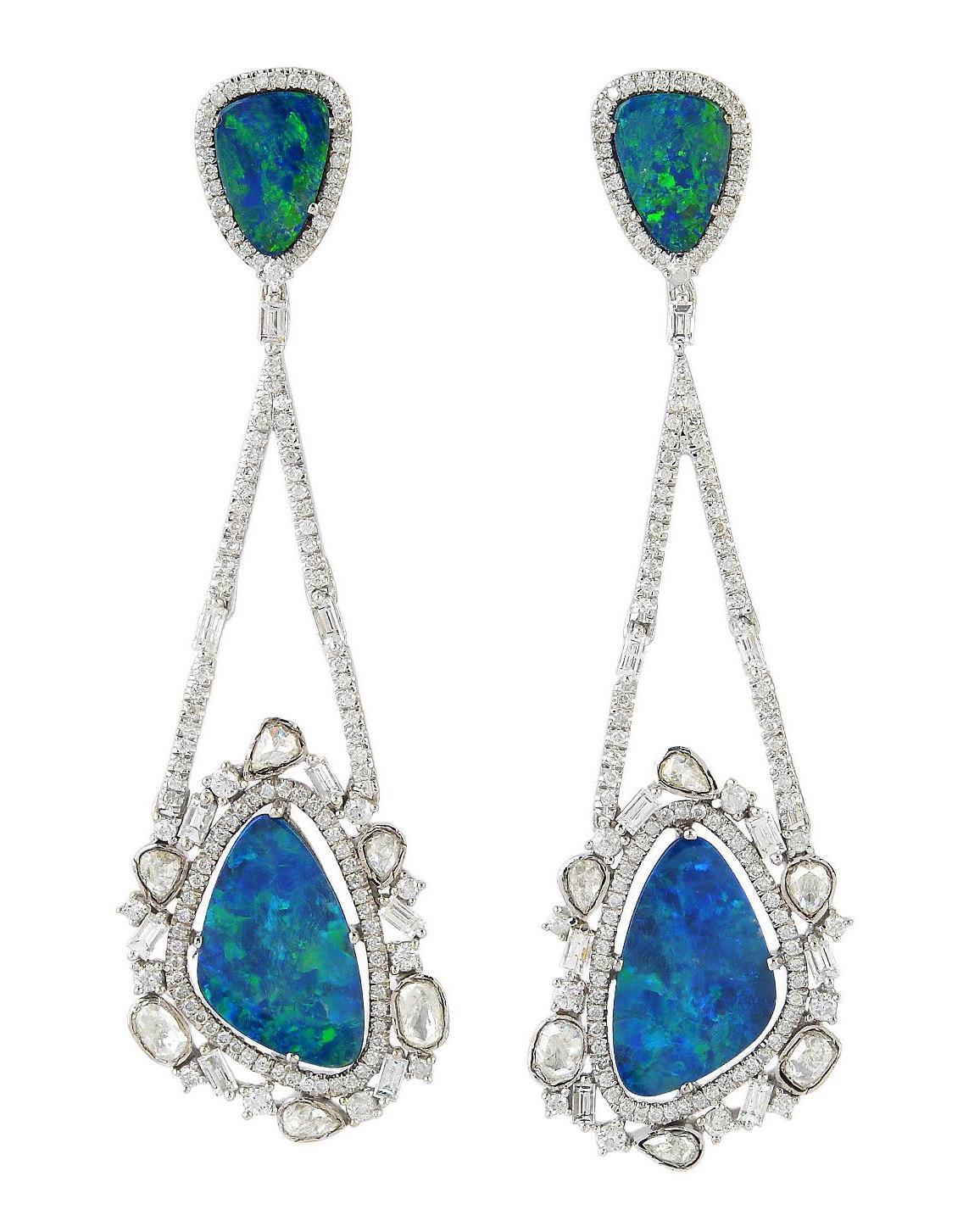 Mixed Cut 10.24 Carat Opal Diamond 18 Karat Gold Earrings For Sale