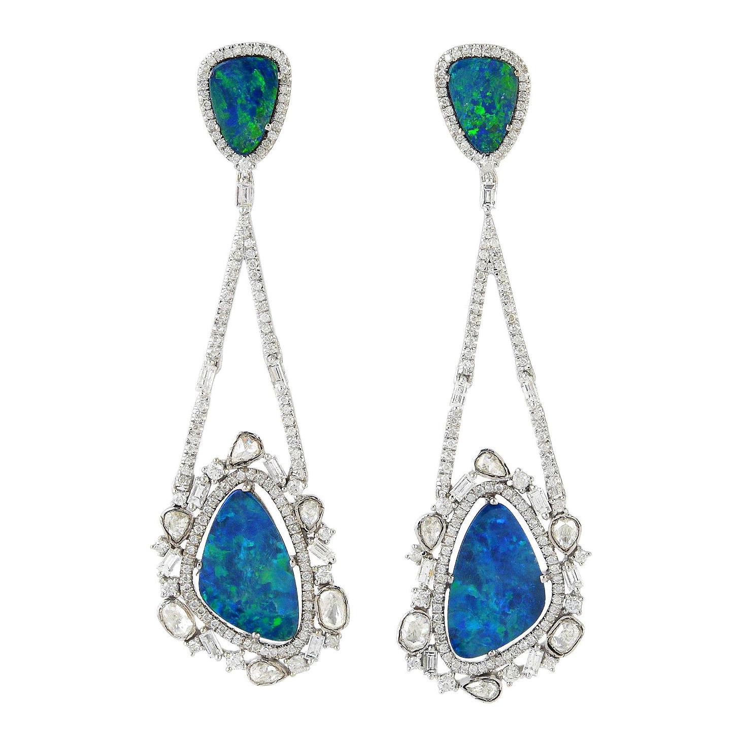 18.23 Carat Opal Tanzanite Diamond 18 Karat Gold Earrings For Sale at ...