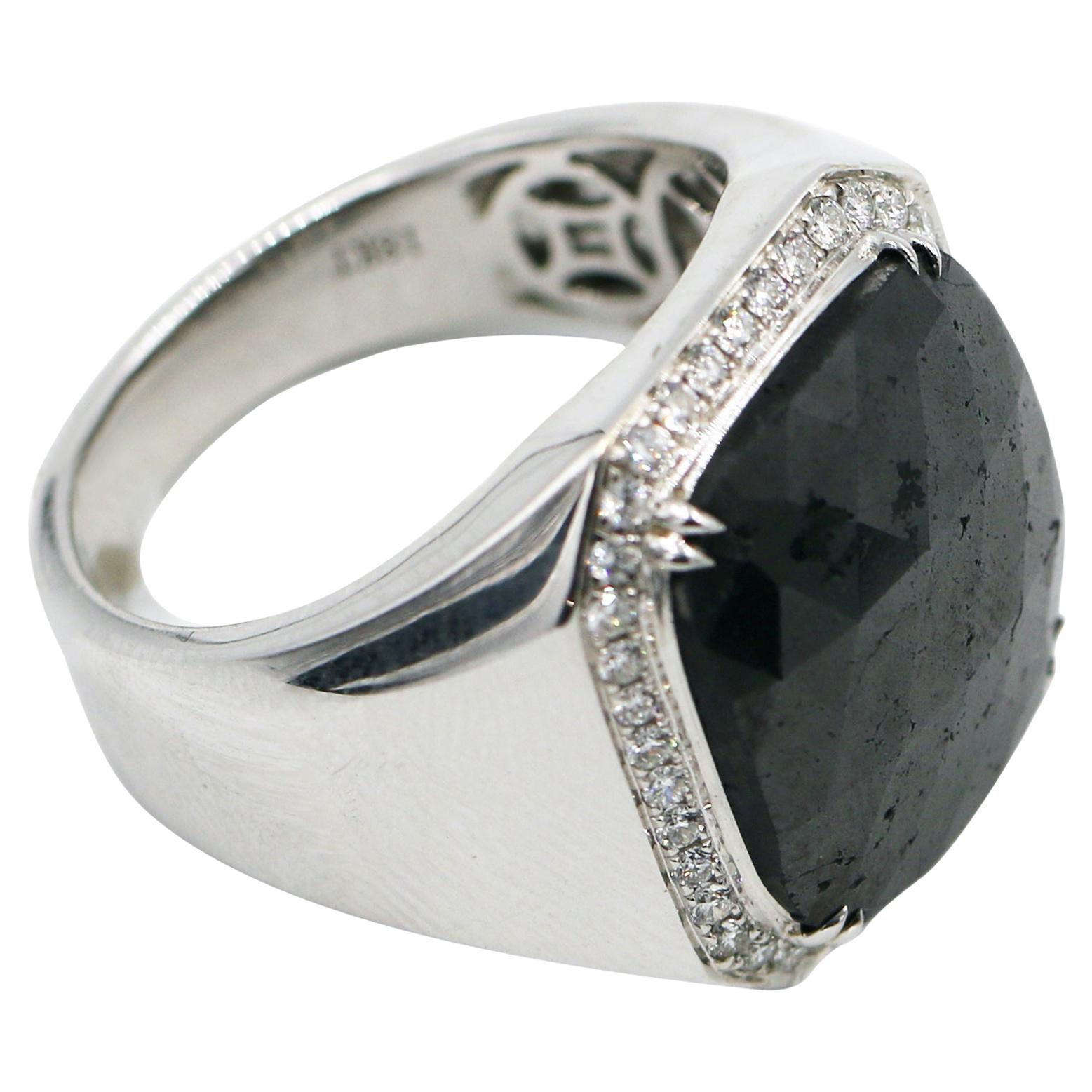 10.24 Carat Shield Cut Black Diamond with Diamonds 18 Karat Gold Huge