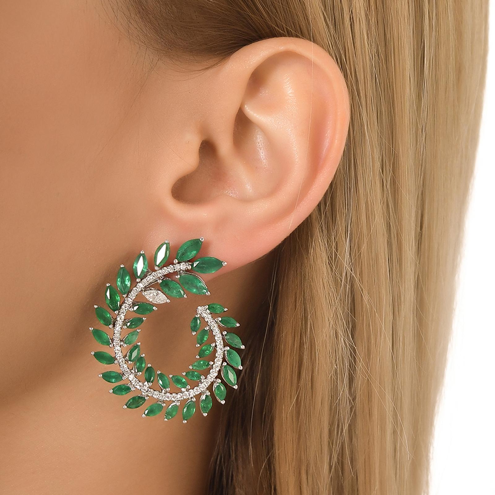 10.24ct. Marquise Cut Emerald and 1.15ct. Diamond Pair of Leaf Earrings In New Condition For Sale In New York, NY