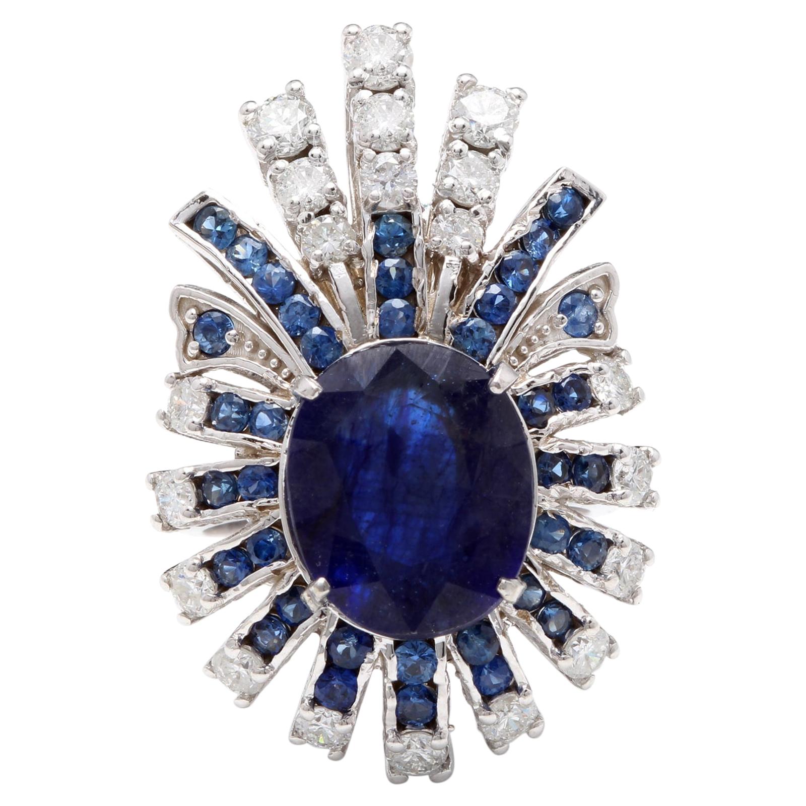 10.25 Carat Exquisite Natural Blue Sapphire and Diamond 14K Solid White Gold For Sale