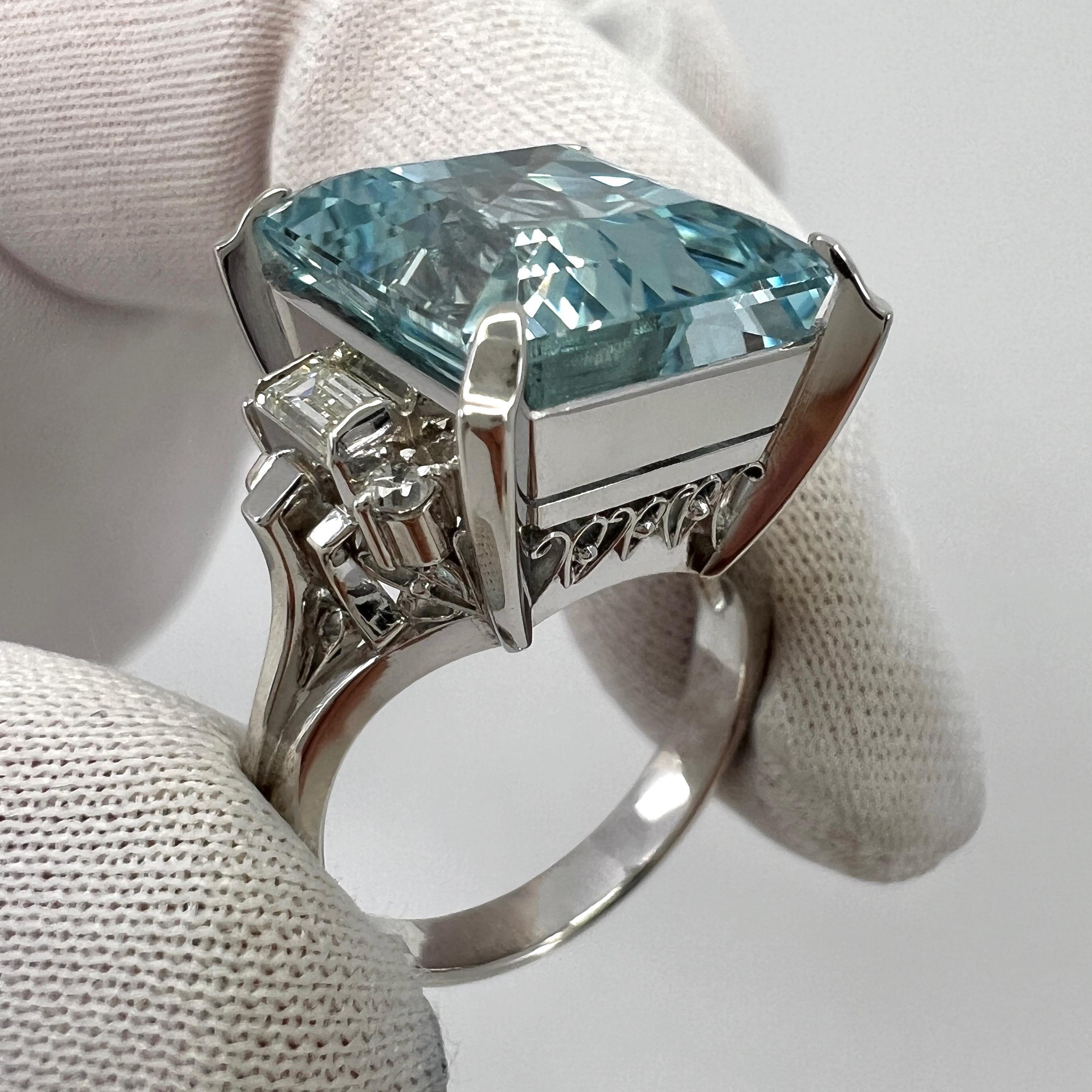 10.25 Carat Light Blue Emerald Cut Aquamarine And Diamond Platinum Art Deco Ring For Sale 6
