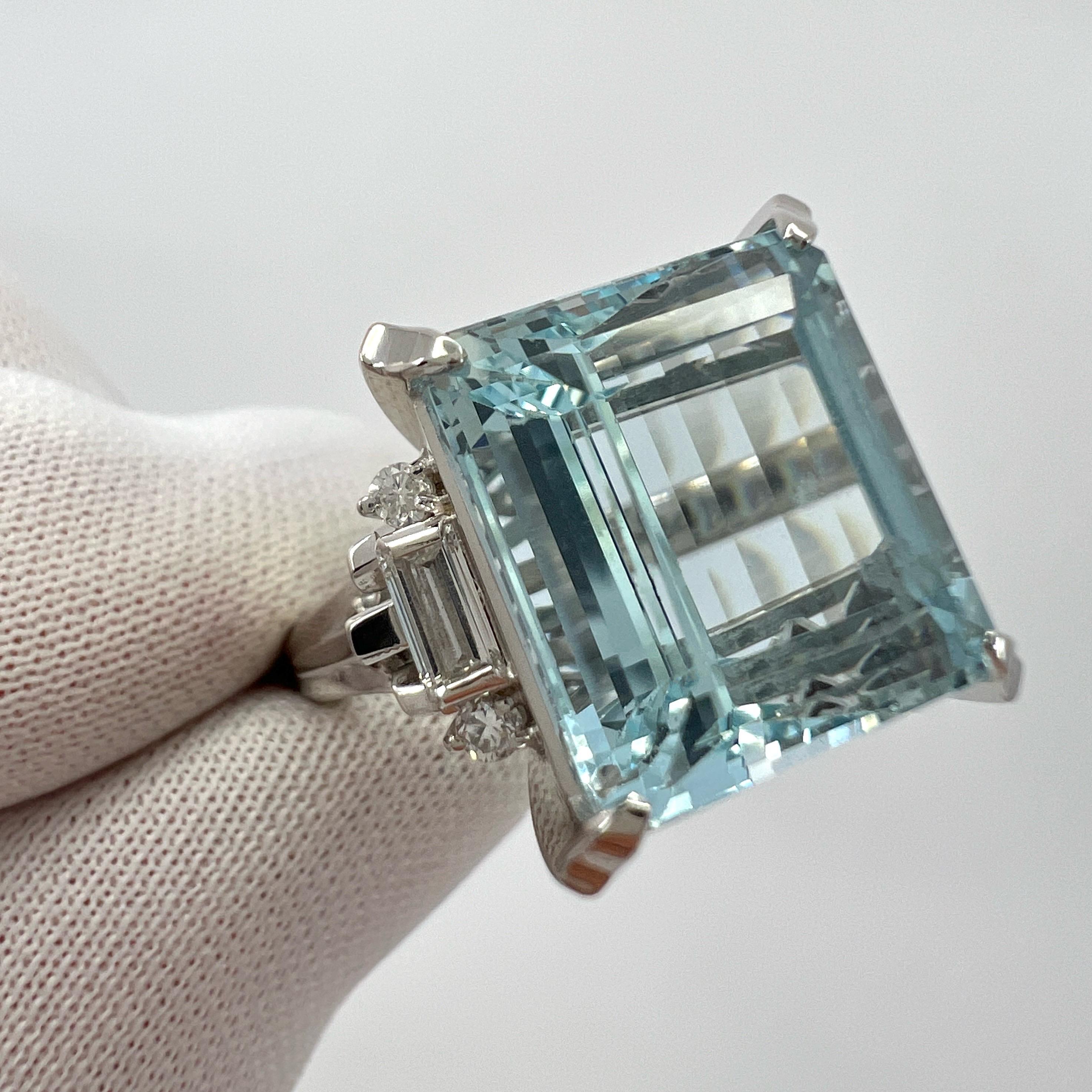 10.25 Carat Light Blue Emerald Cut Aquamarine And Diamond Platinum Art Deco Ring For Sale 2