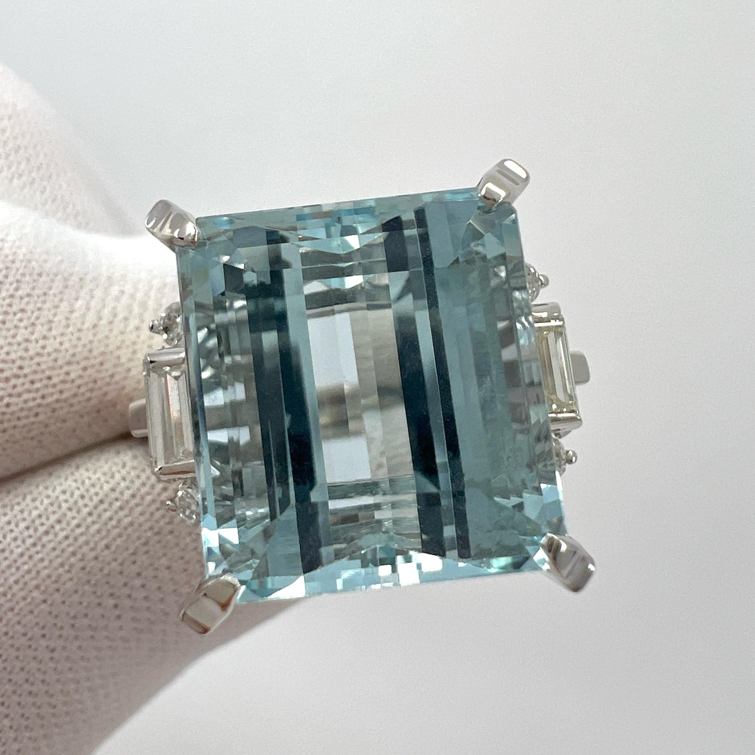 10.25 Carat Light Blue Emerald Cut Aquamarine And Diamond Platinum Art Deco Ring For Sale 3