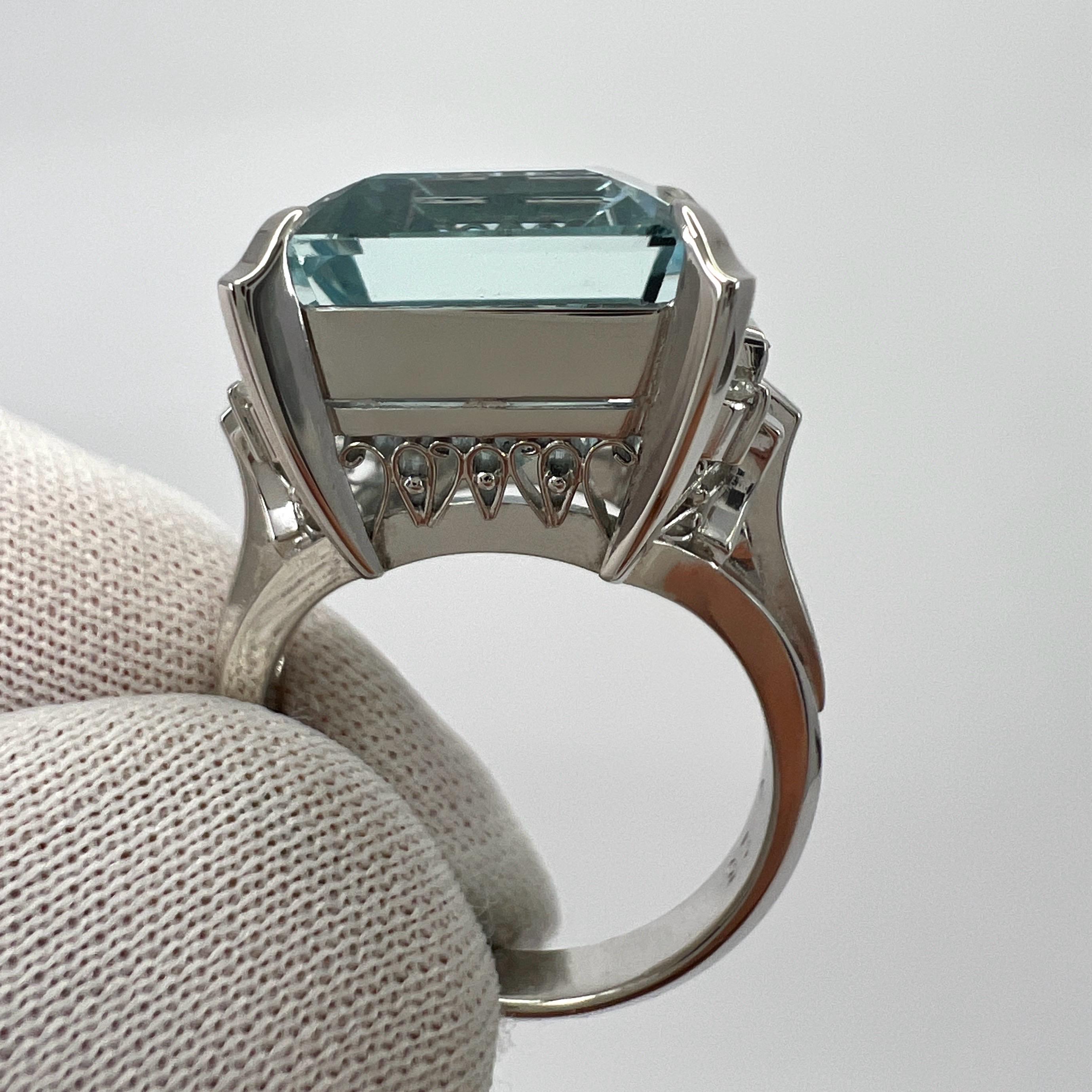10.25 Carat Light Blue Emerald Cut Aquamarine And Diamond Platinum Art Deco Ring For Sale 4