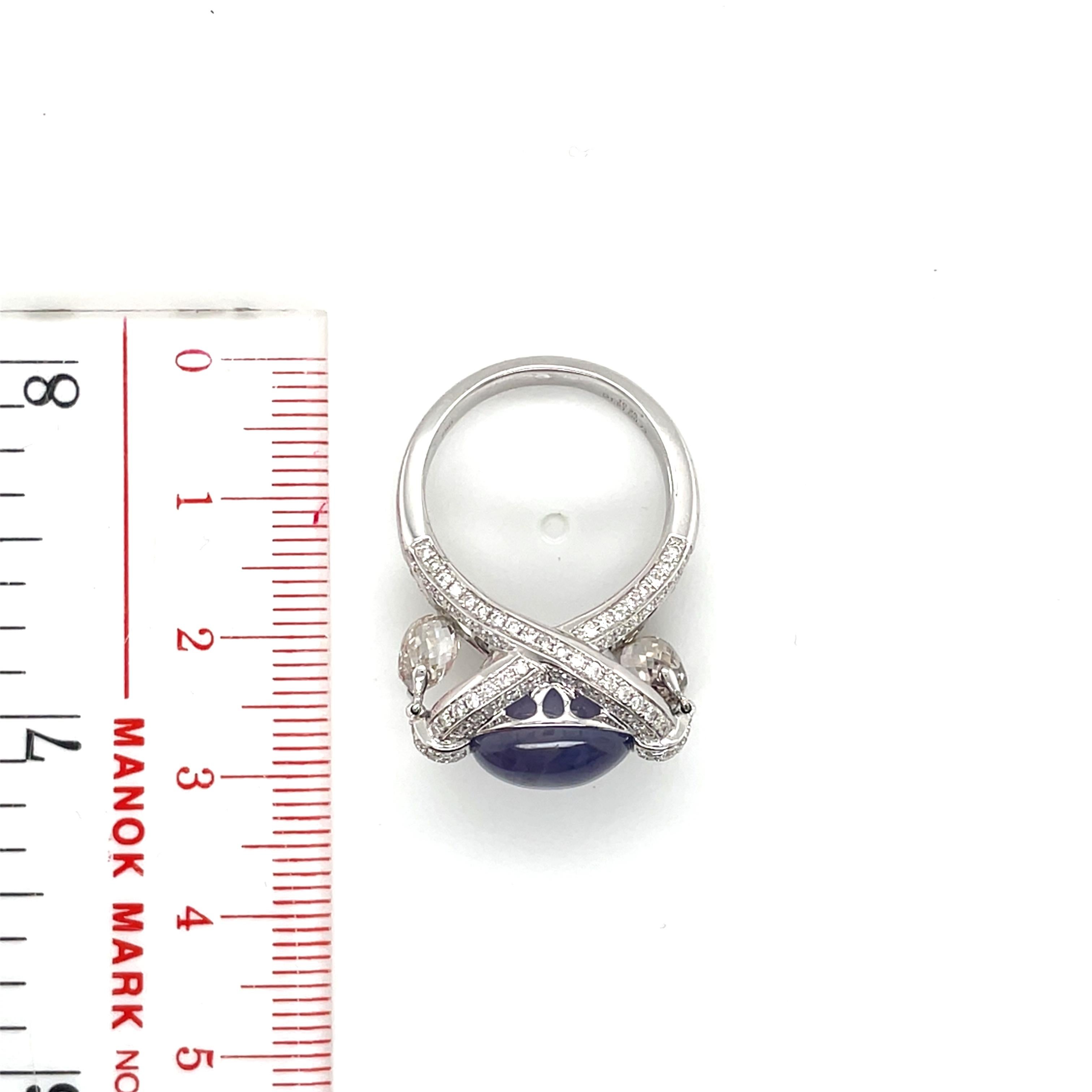 Cabochon 10.25 Carat No Heat Star Sapphire and White Diamond Briolette Engagement Ring For Sale