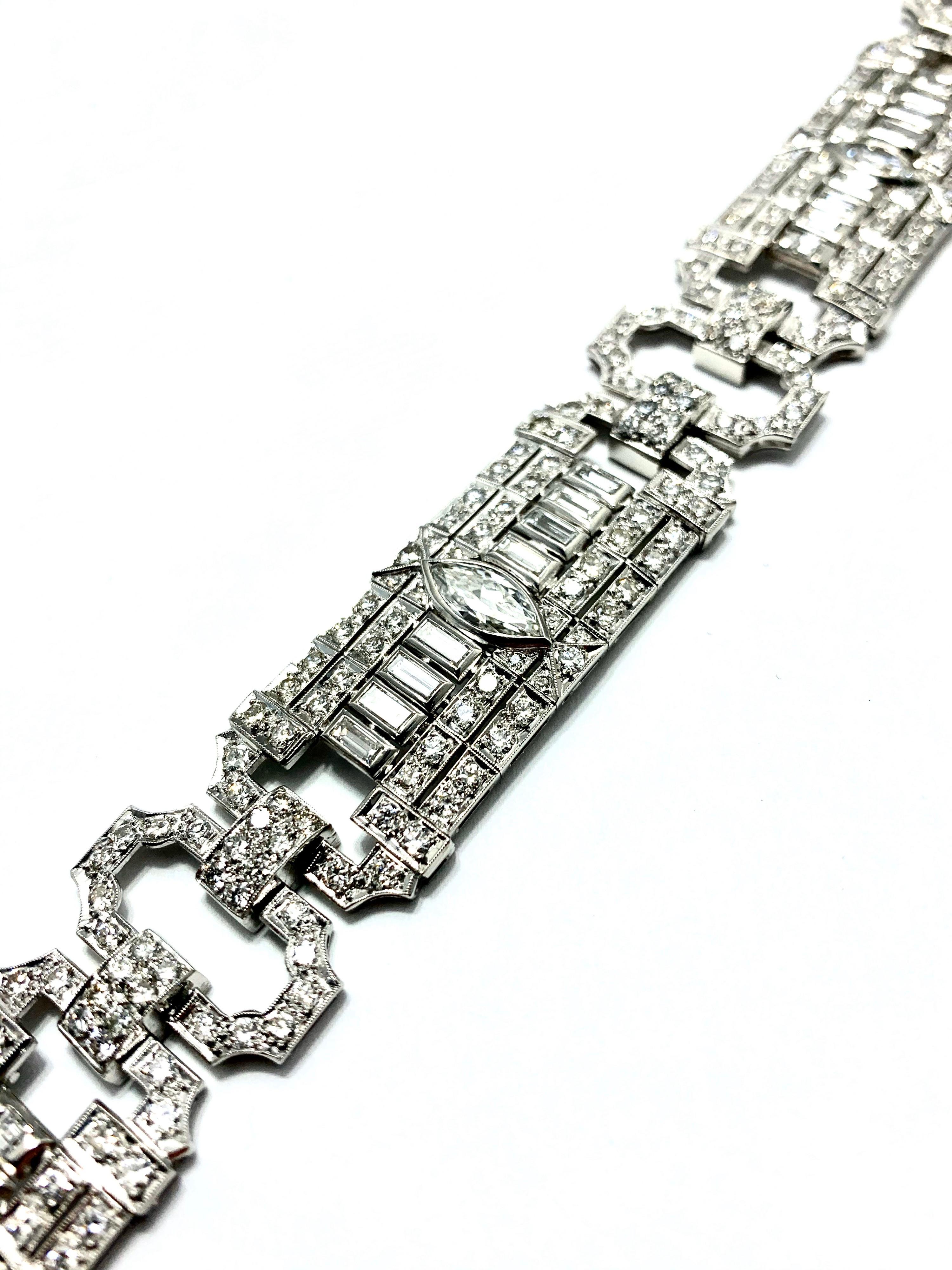 Marquise Cut 10.25 Carat Art Deco Style Diamond and Platinum Bracelet