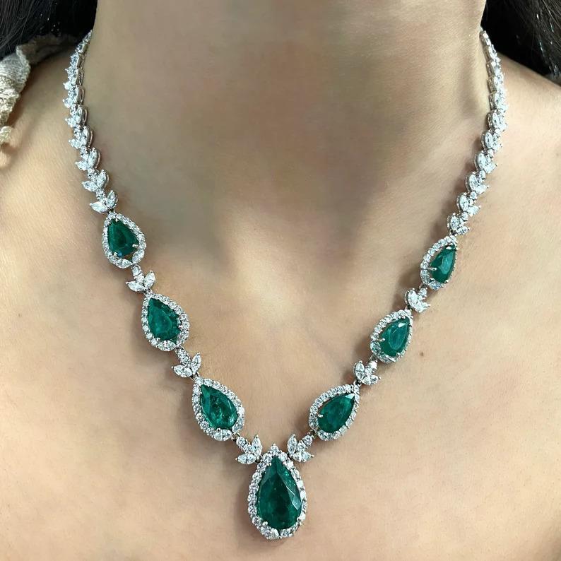 One-of-a-kind emerald necklace! The necklace features 7 natural emeralds weighing 10.25 ct. and round brilliant cut diamonds weighing 17.3 ct. set in 18k white gold.