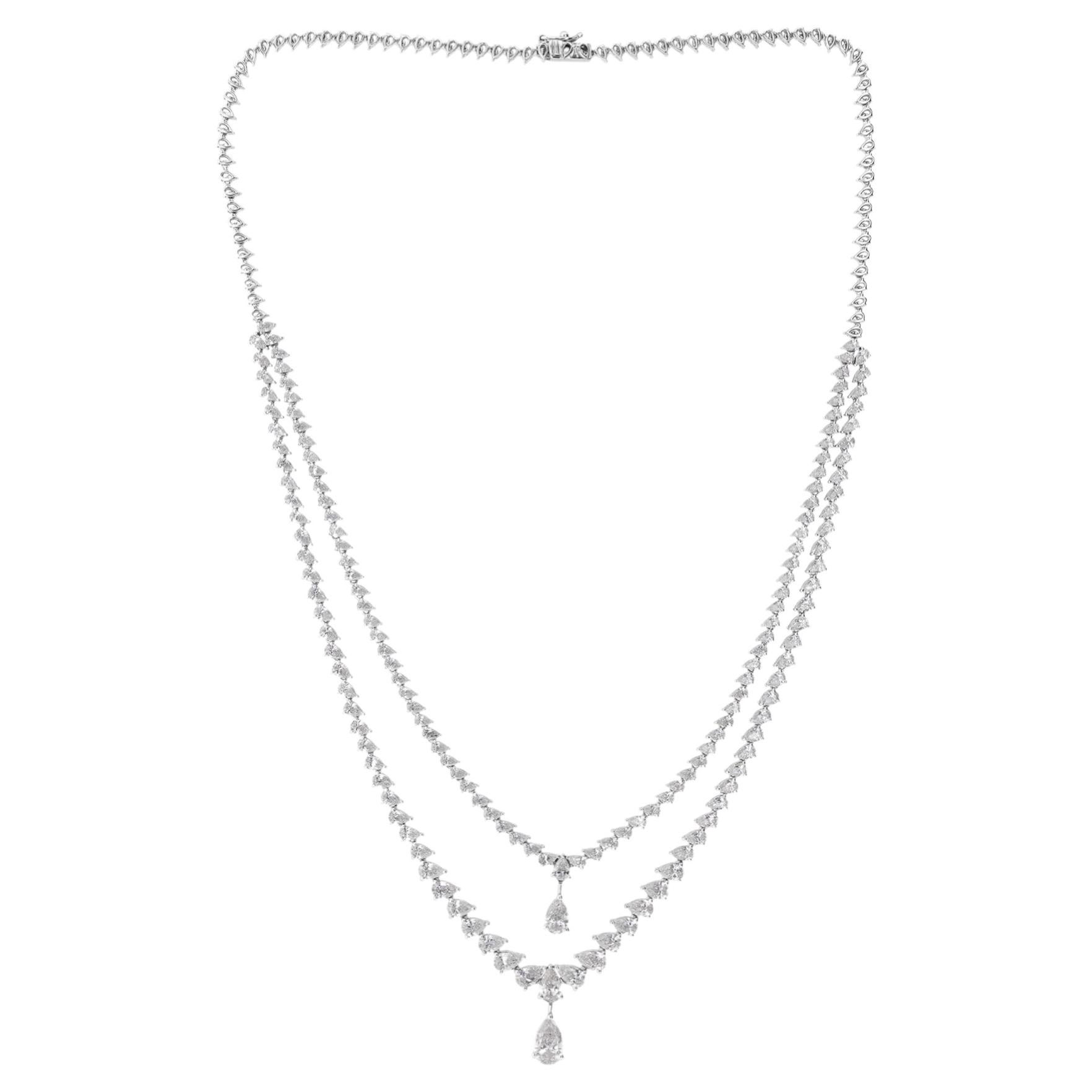 10.25 Ct Natural Diamond Double Layer Drop Necklace 14k White Gold