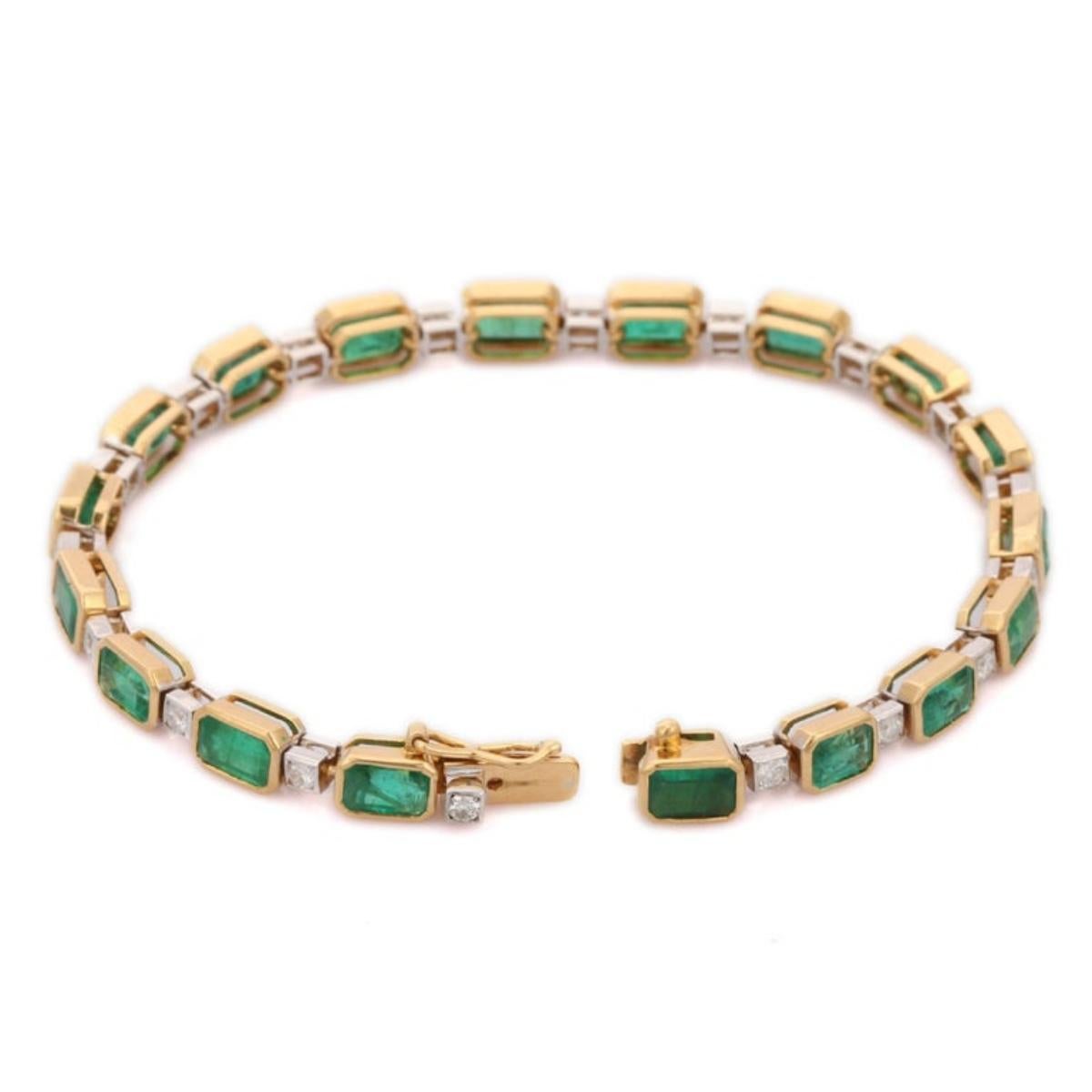Ottagono Bracciale tennis con smeraldo e diamante da 10,25 CTW in oro giallo 18k Gioielli da sposa in vendita