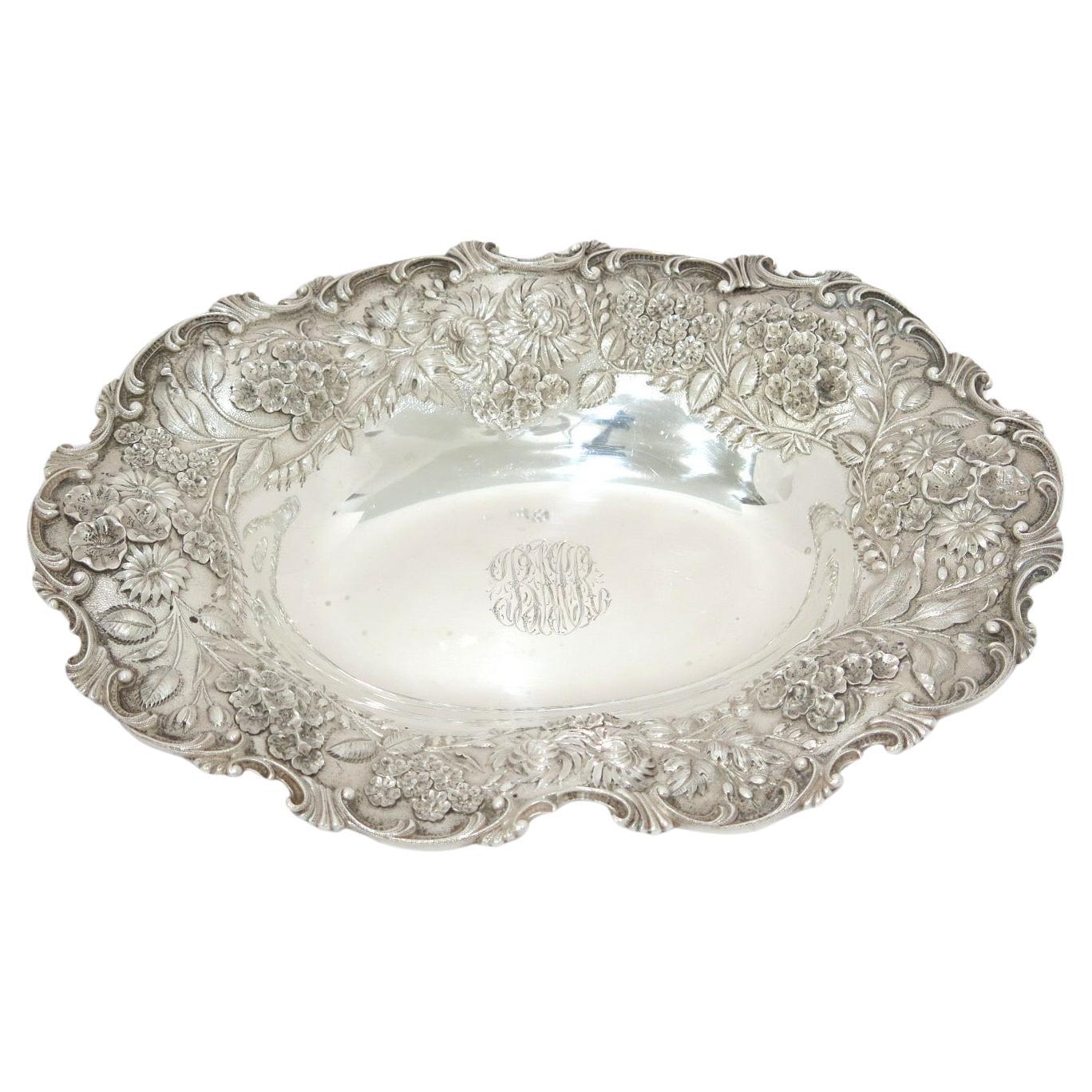 10.25 in Sterling Silver S. Kirk & Son Antique Floral Repousse Oval Serving Bowl For Sale