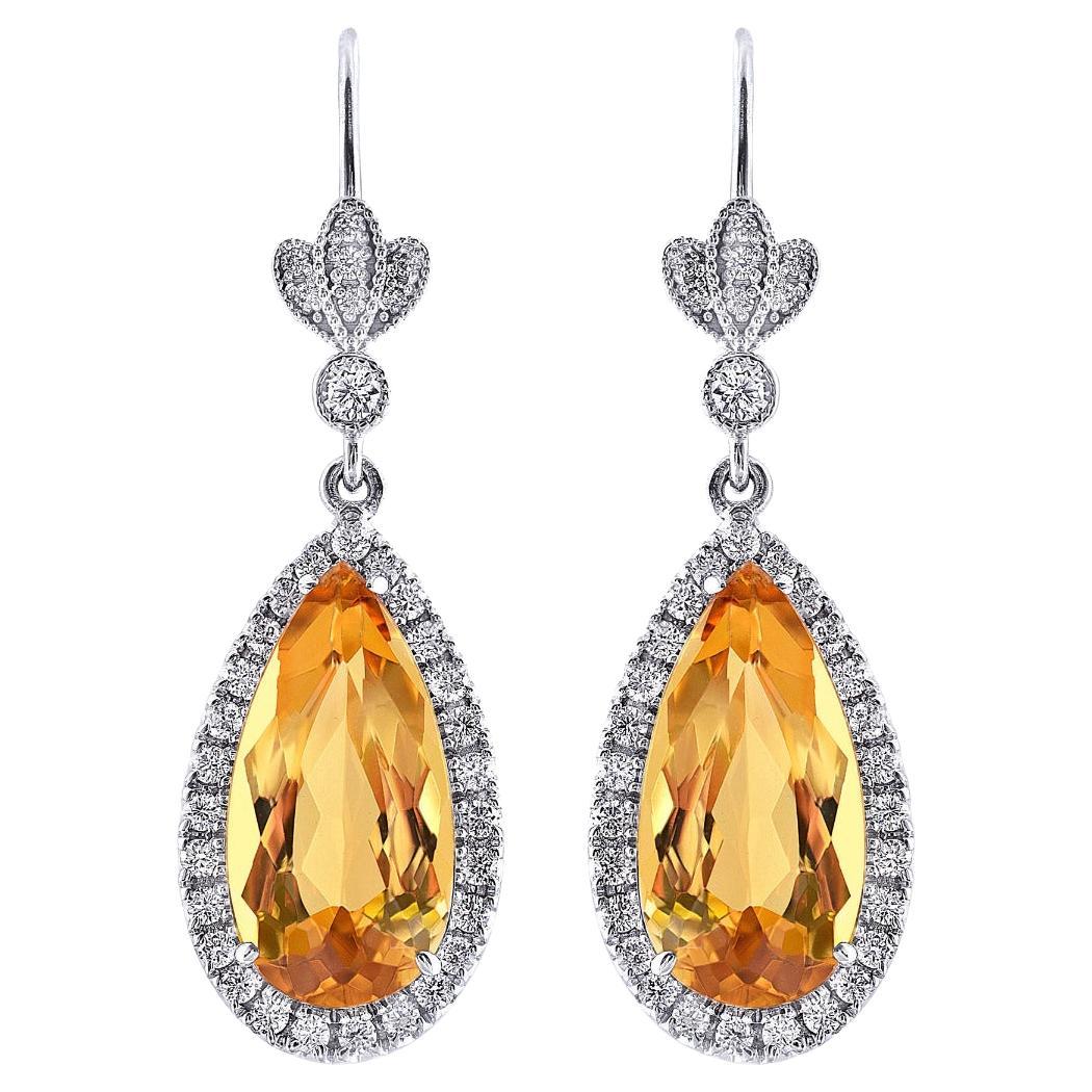 Natural Yellow Topaz 10.26 carats  set in 14K White Gold Earrings with Diamonds For Sale