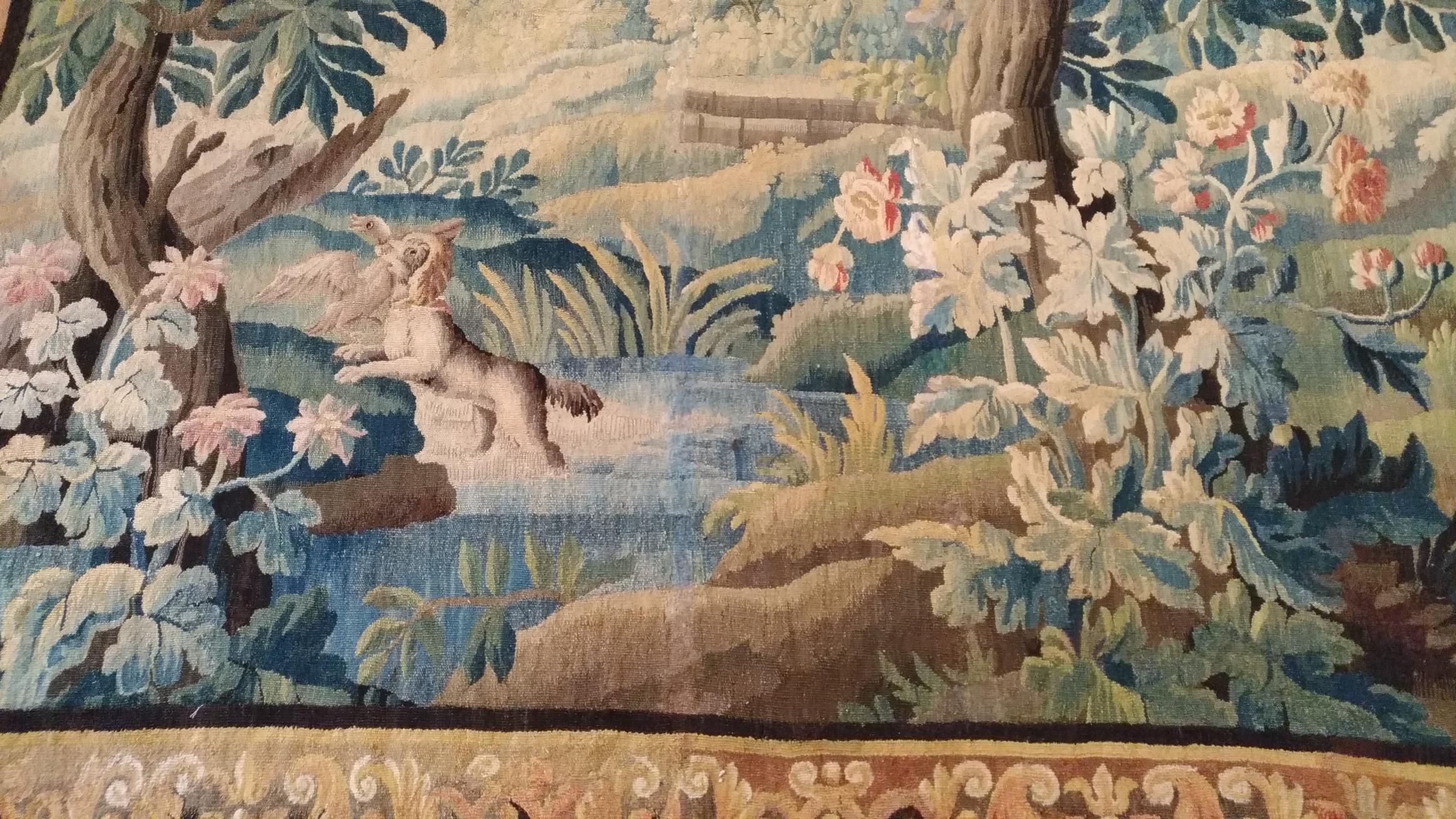 1026 - Luxurious 18th century Aubusson tapestry with a very beautiful design of nature, with a very pretty river coming from the mountains. A pretty bridge, and at the top of the mountains, a castle, in pretty natural colors, entirely and very