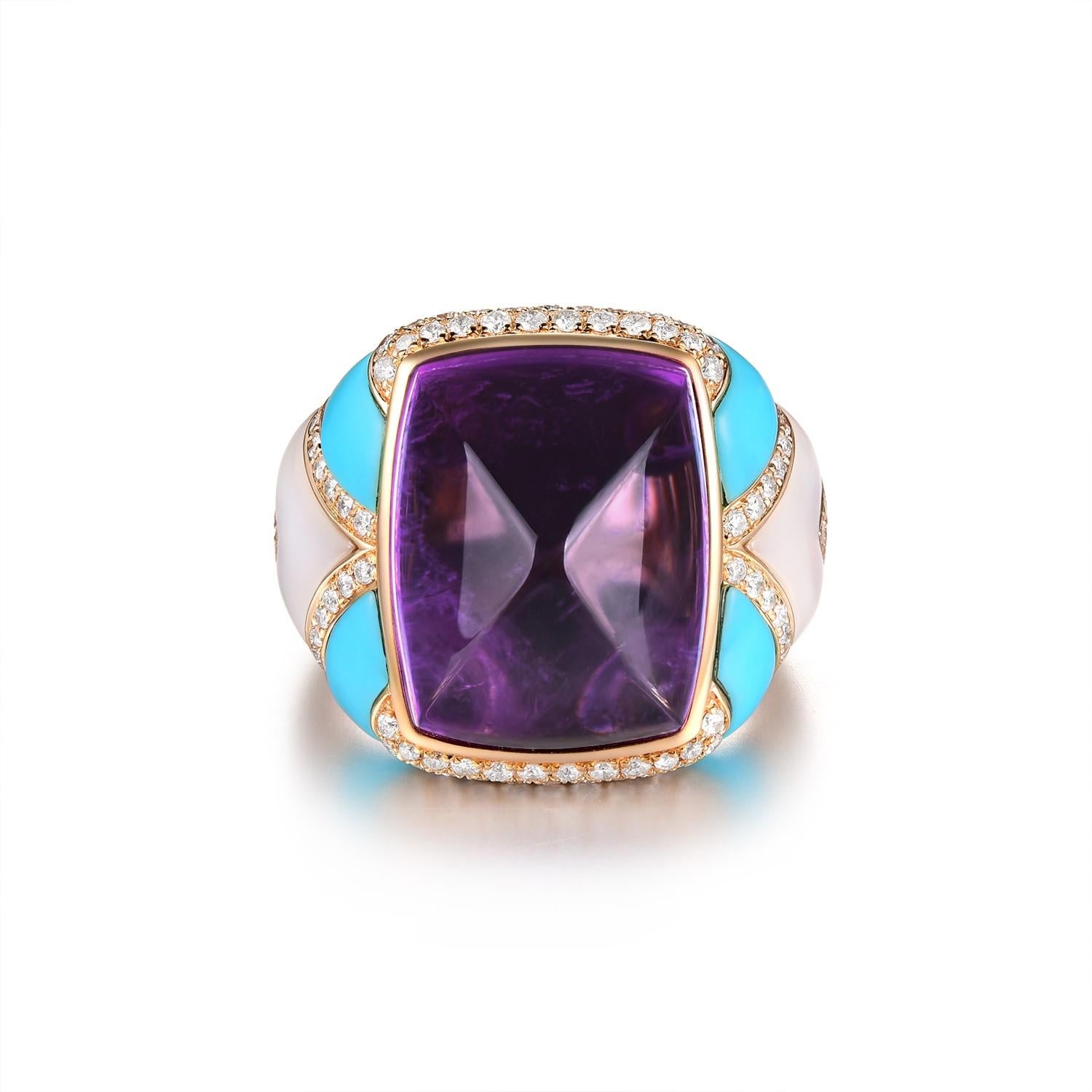 Indulge in the beauty of timeless elegance with this 14K Yellow Gold Statement Ring, showcasing a mesmerizing sugarloaf cabochon amethyst weighing 10.27 carats. The sugarloaf cut's smooth, domed design brings out the amethyst’s rich, vibrant purple