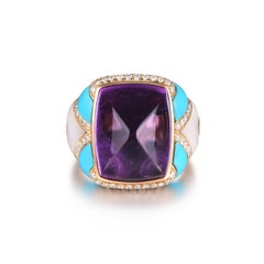 10.27 Carat Amethyst Diamond Turquoise Cocktail Ring in 14 Karat Yellow Gold