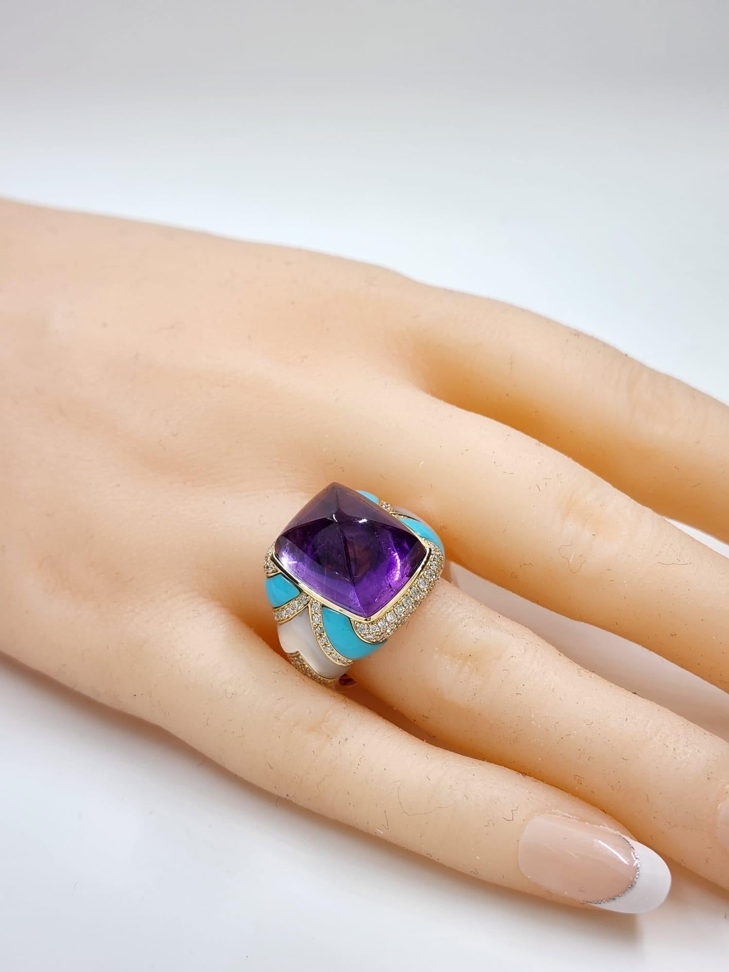Cabochon 10.27 Carat Amethyst Diamond Turquoise Cocktail Ring in 14 Karat Yellow Gold For Sale