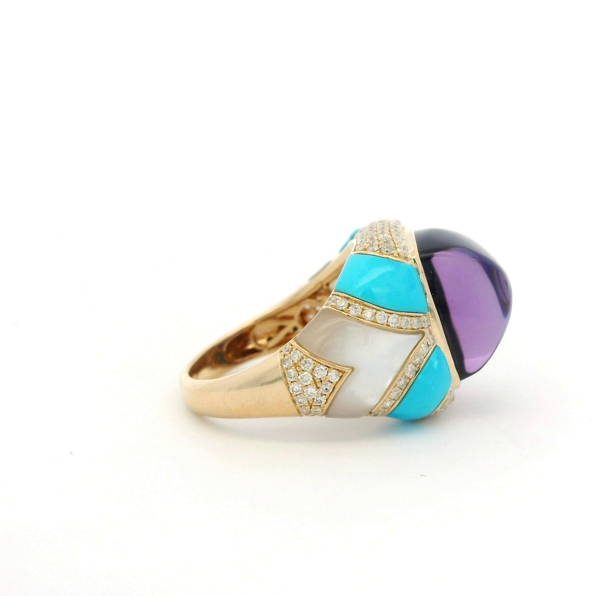10.27 Carat Amethyst Diamond Turquoise Cocktail Ring in 14 Karat Yellow Gold In New Condition For Sale In Hong Kong, HK